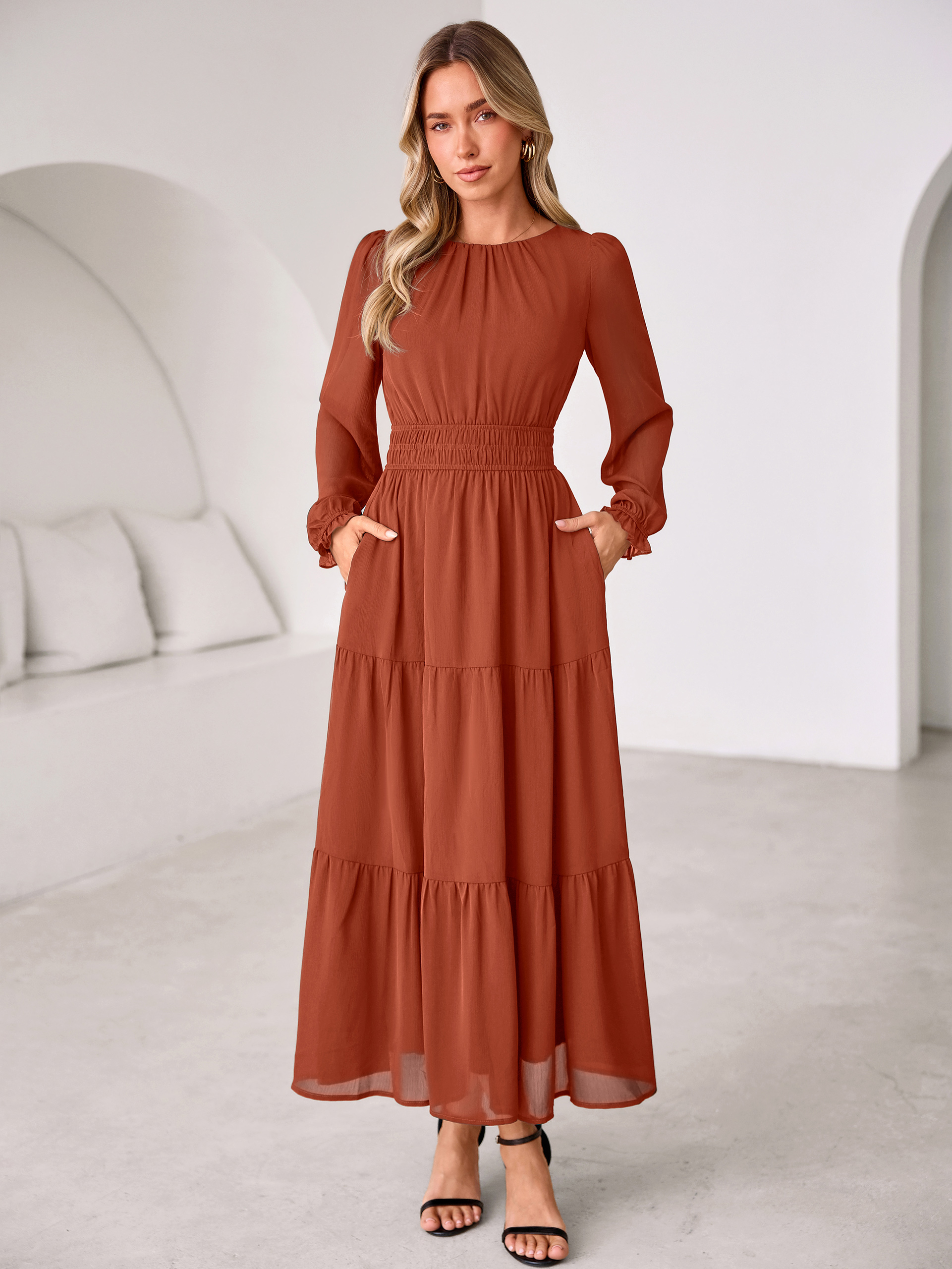 Crewneck Long Sleeve Tiered Chiffon Maxi Dress