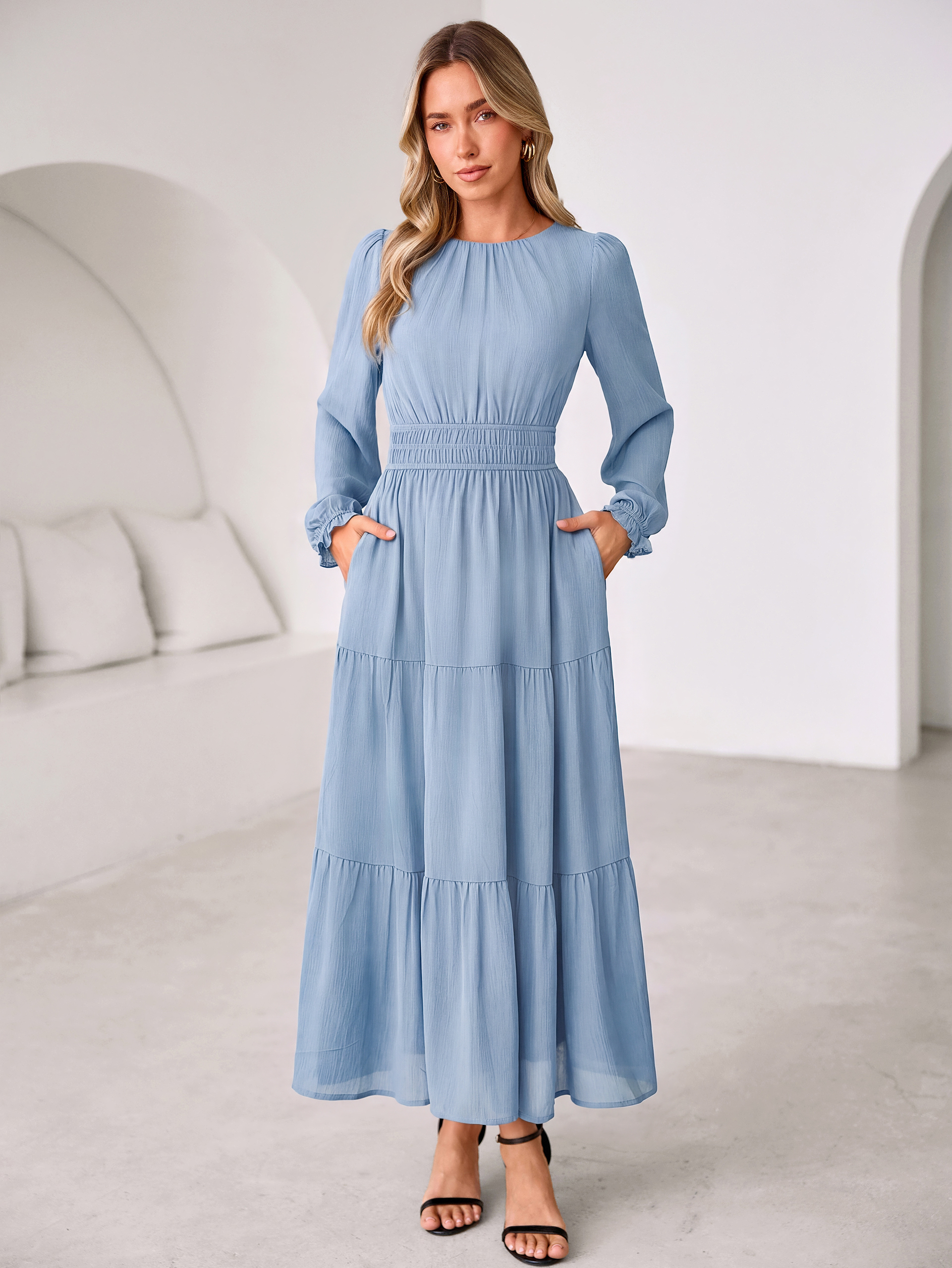 Crewneck Long Sleeve Tiered Chiffon Maxi Dress