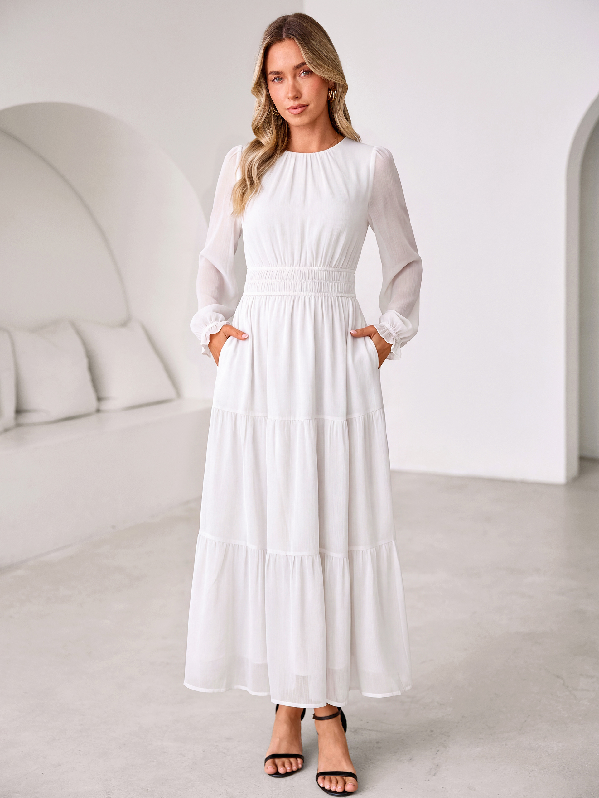 Crewneck Long Sleeve Tiered Chiffon Maxi Dress