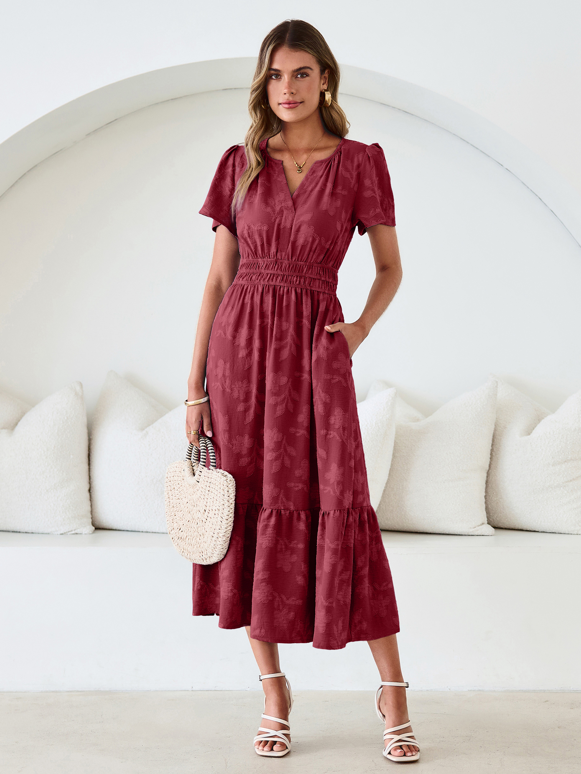 V Neck Burnout Floral Ruffle Maxi Dress