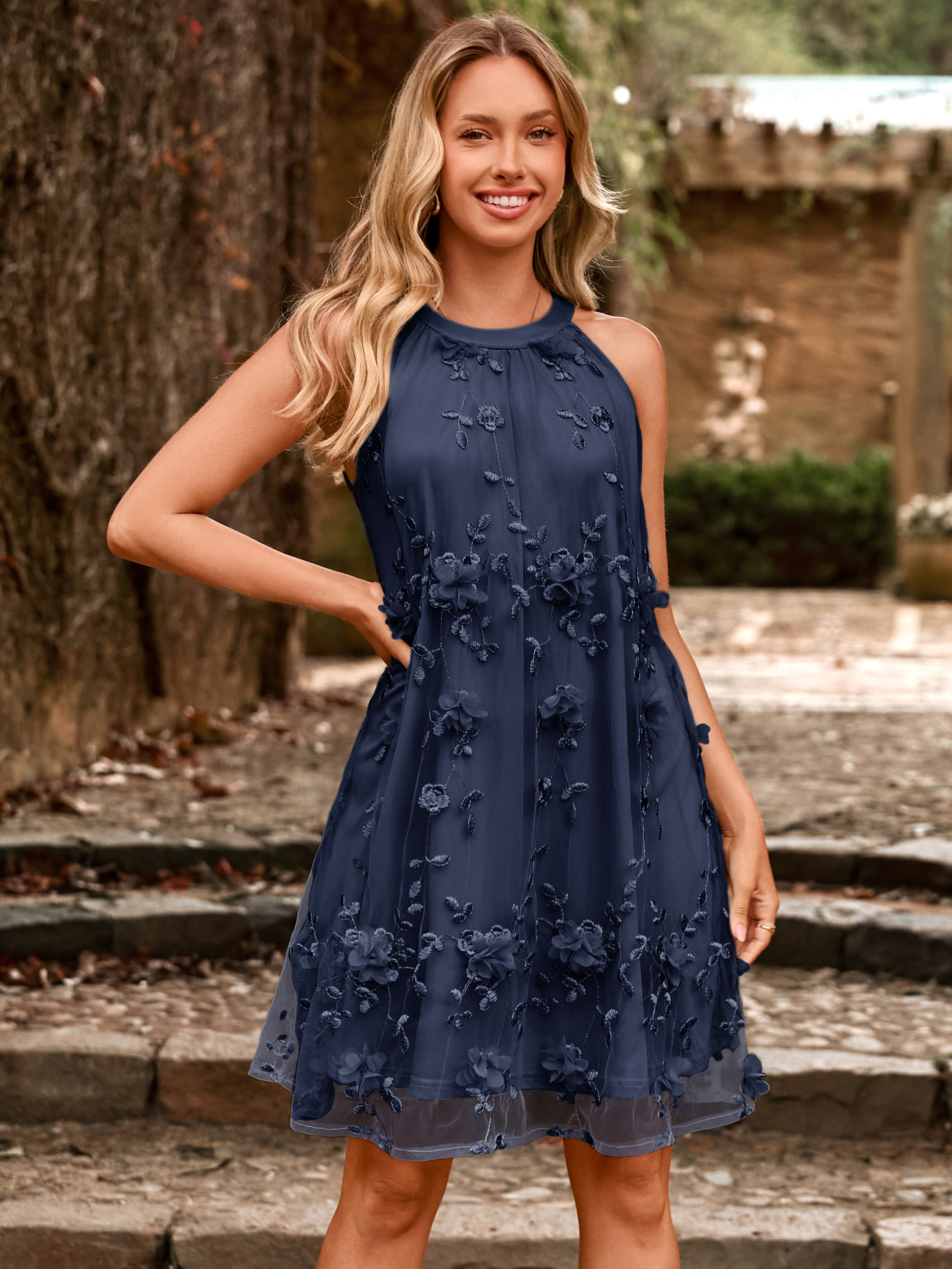 3D Flower Appliques Sleeveless Mini Halter Dress