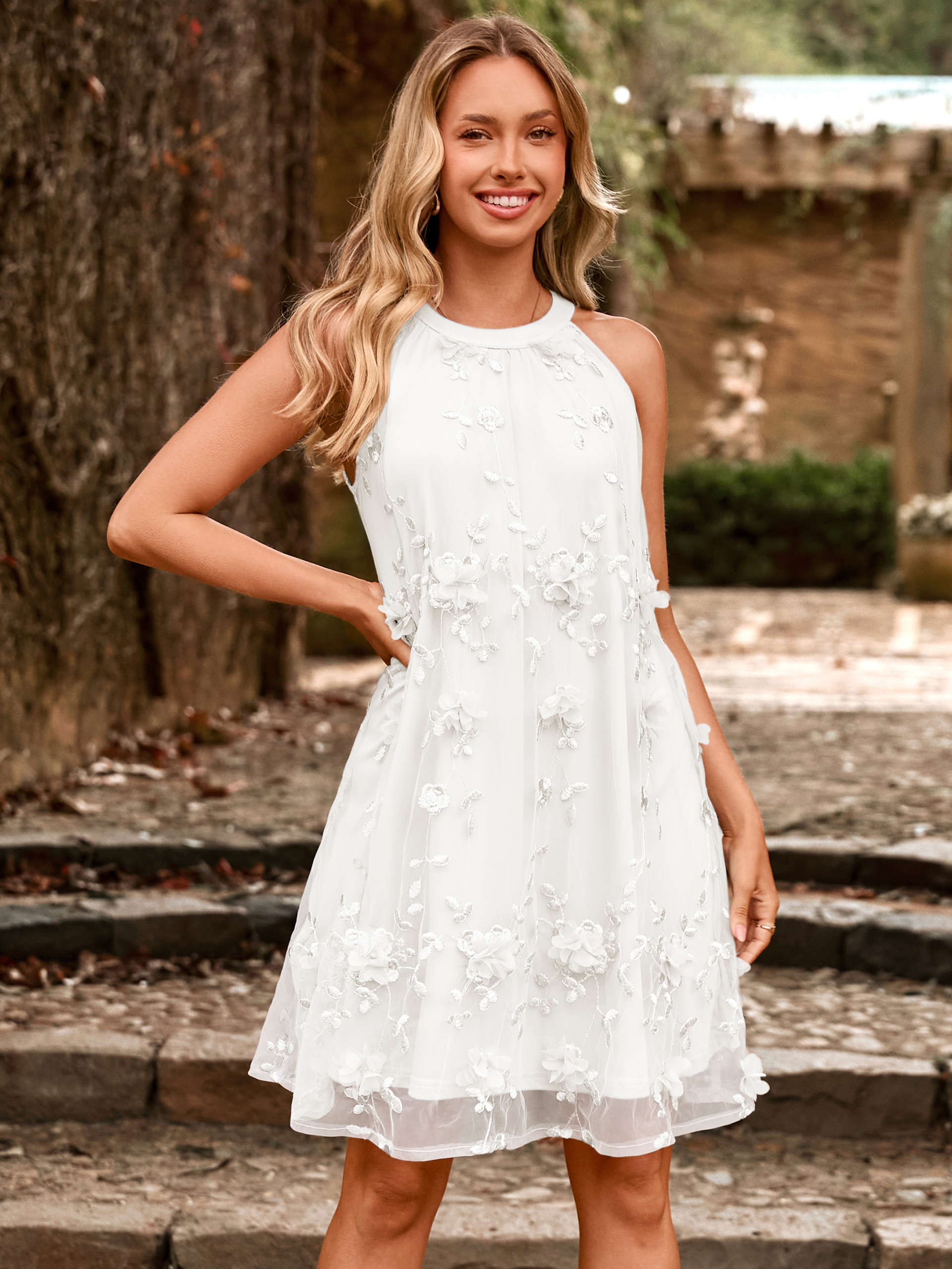 3D Flower Appliques Sleeveless Mini Halter Dress