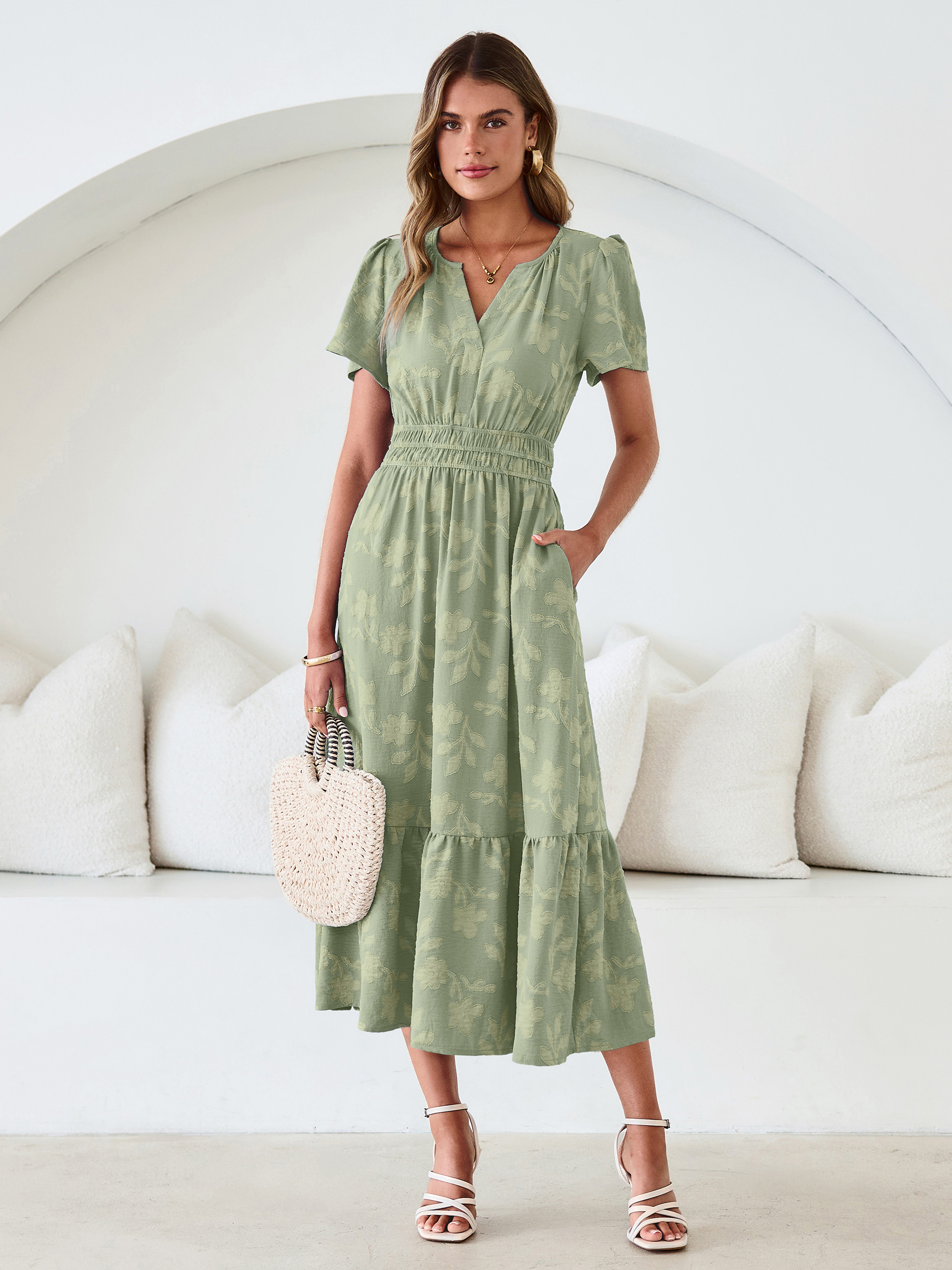 V Neck Burnout Floral Ruffle Maxi Dress - Sage Green
