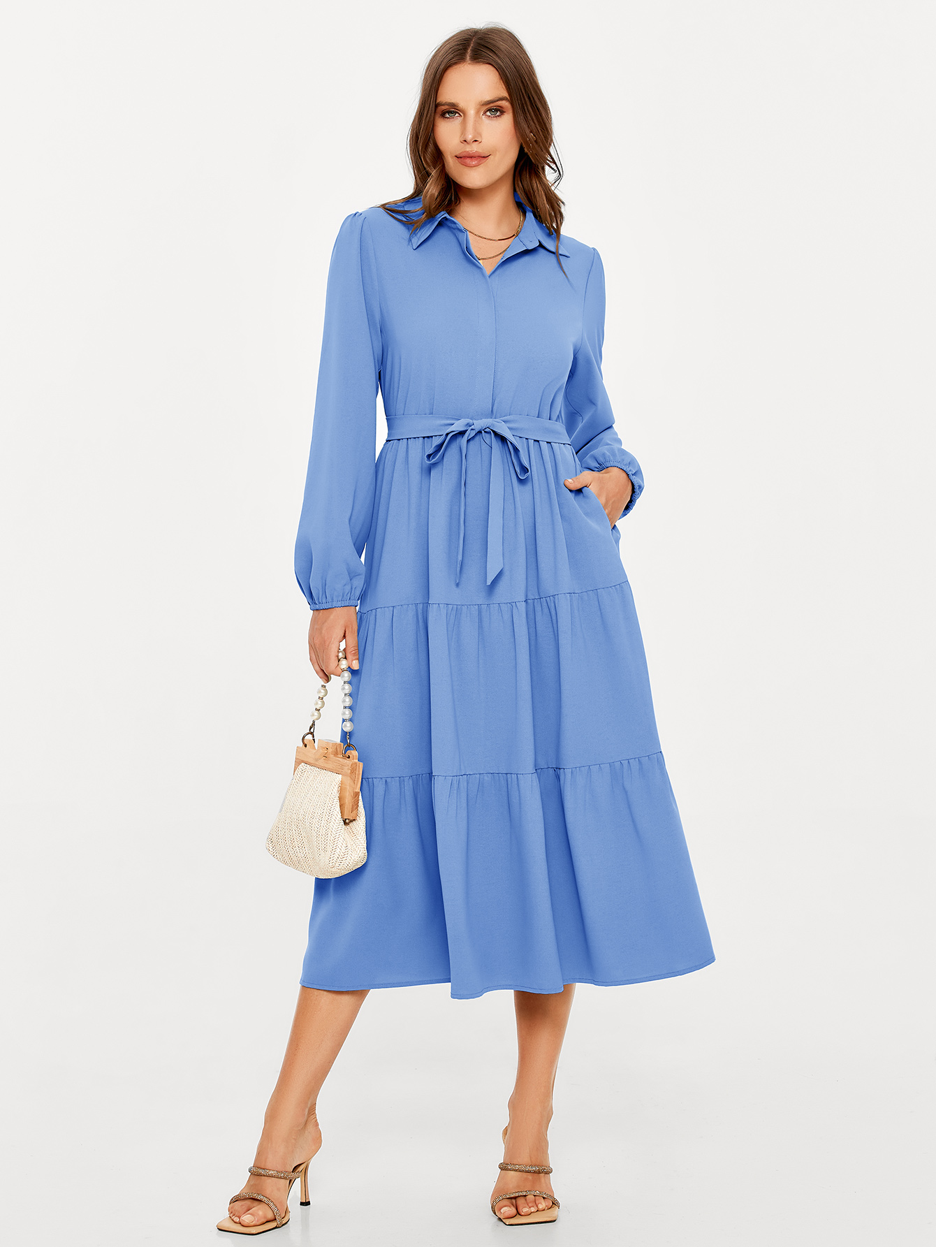 Button Up Lantern Sleeve Flowy Maxi Dress - Light Blue