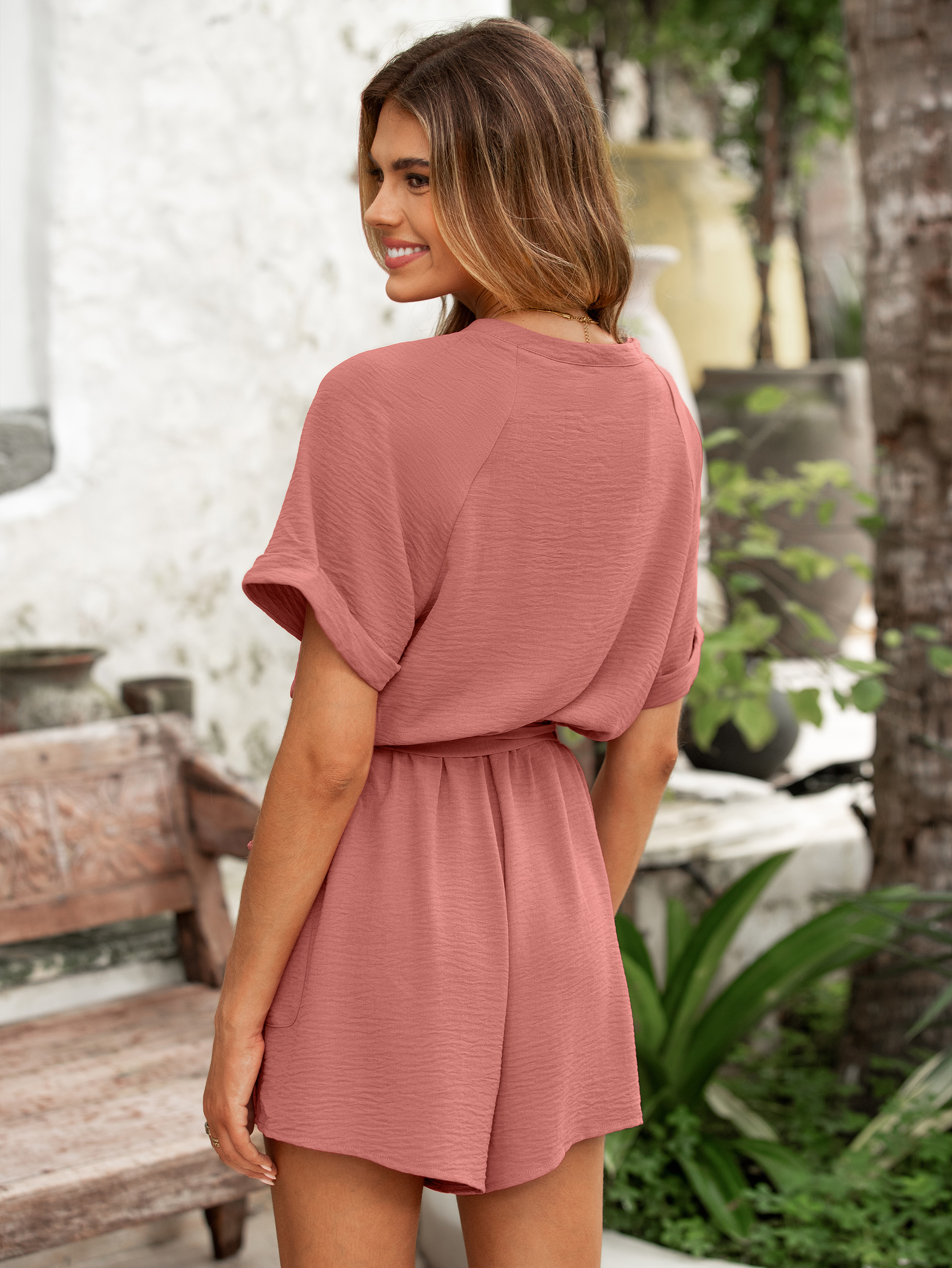 V Neck Short Sleeve Tie Waist Romper - Brick Red