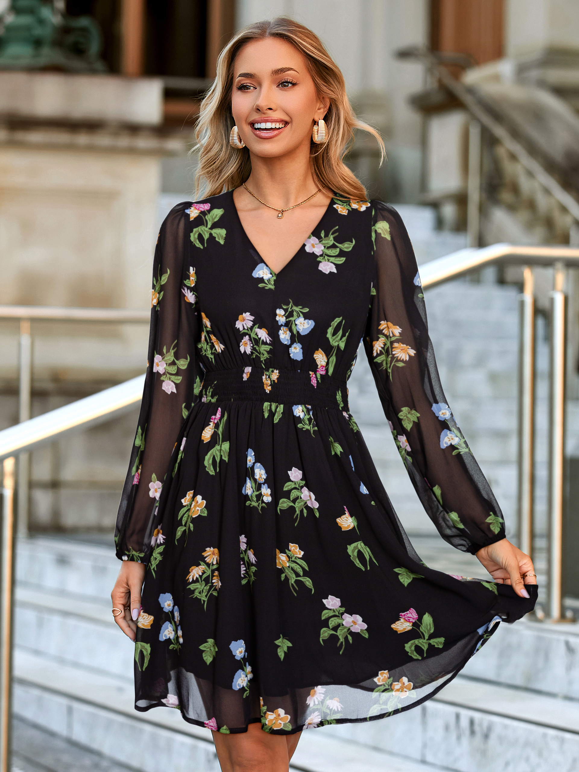 Boho Flowy Floral Chiffon Wedding Guest Mini Dress