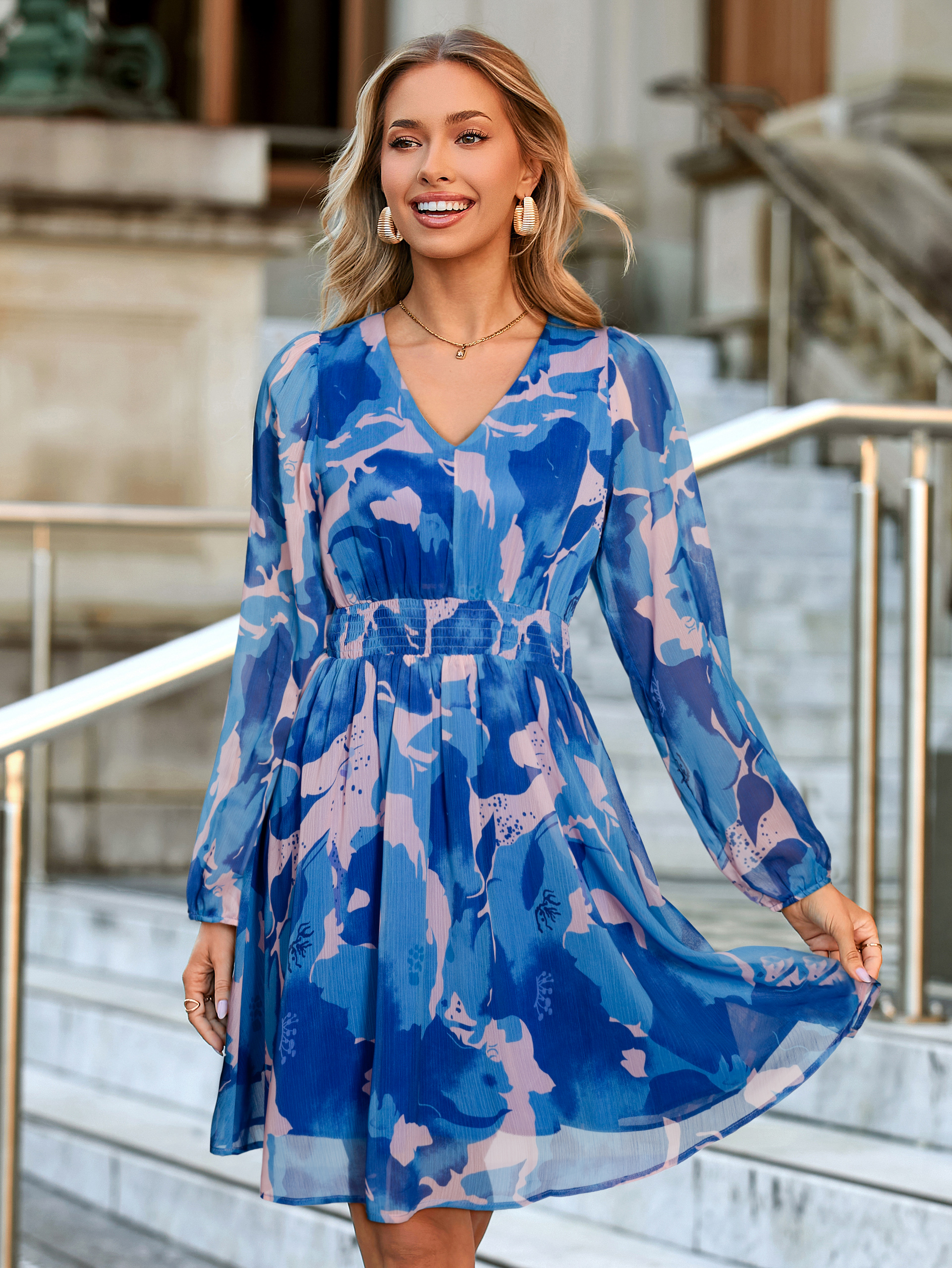 Boho Flowy Floral Chiffon Wedding Guest Mini Dress