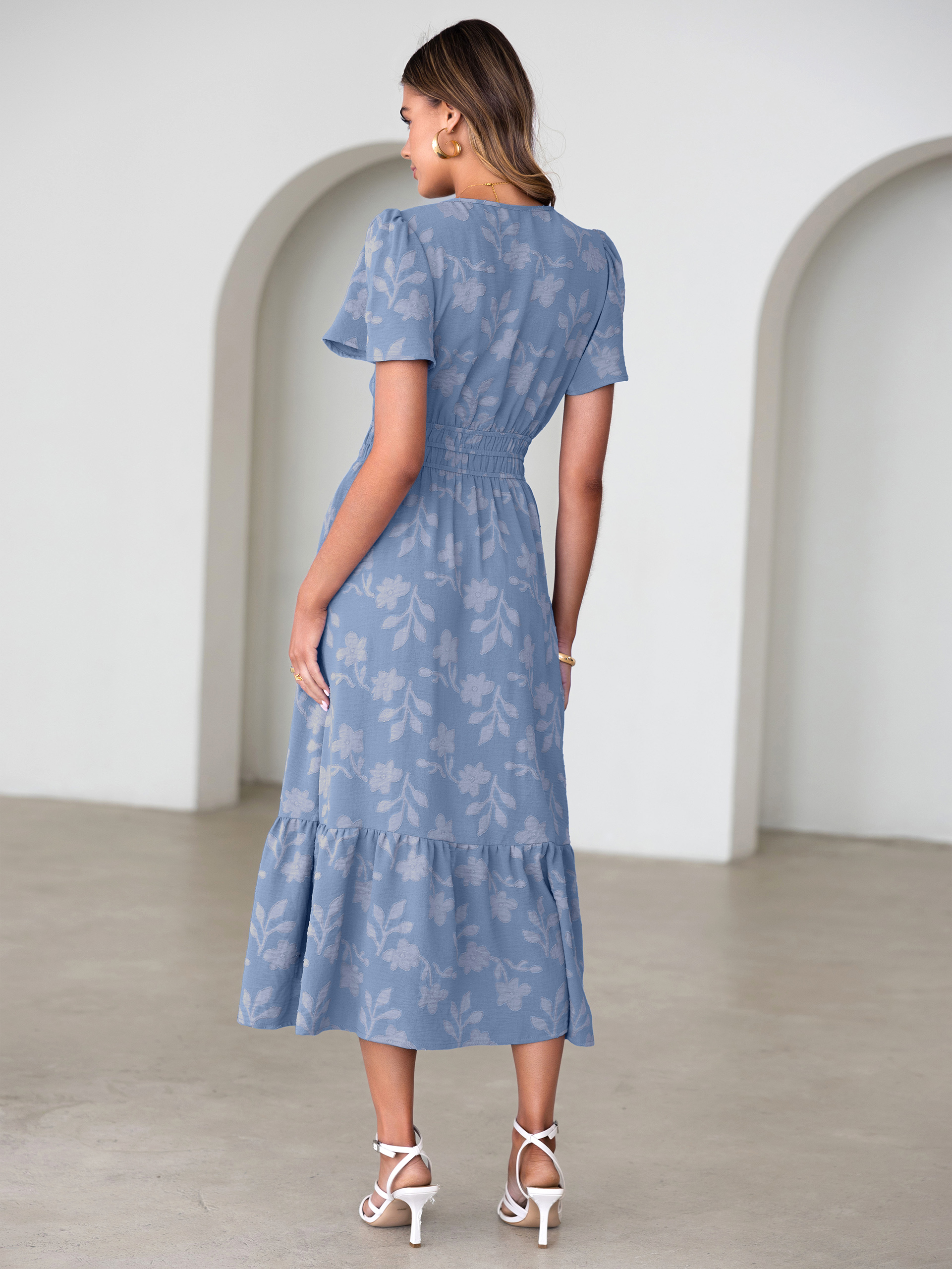 V Neck Burnout Floral Ruffle Maxi Dress