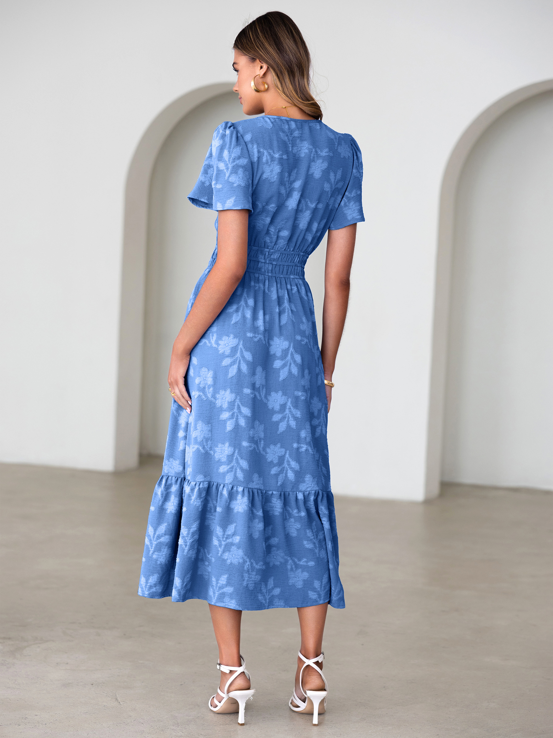 V Neck Burnout Floral Ruffle Maxi Dress