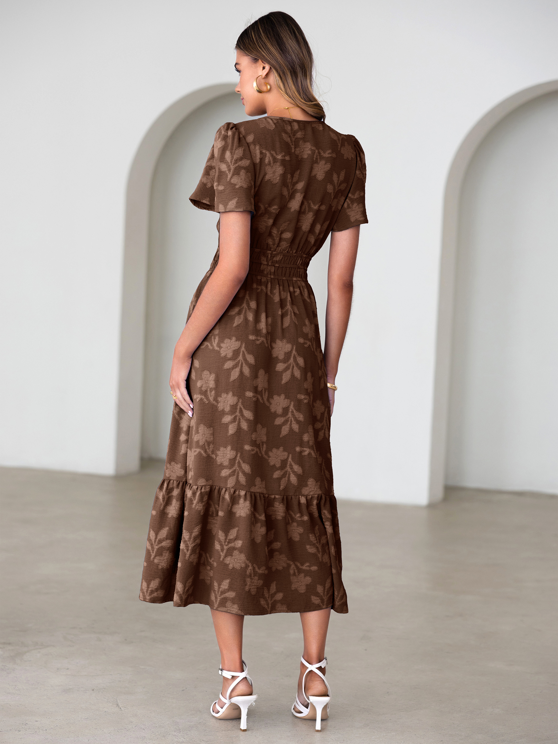 V Neck Burnout Floral Ruffle Maxi Dress - Chocolate Brown