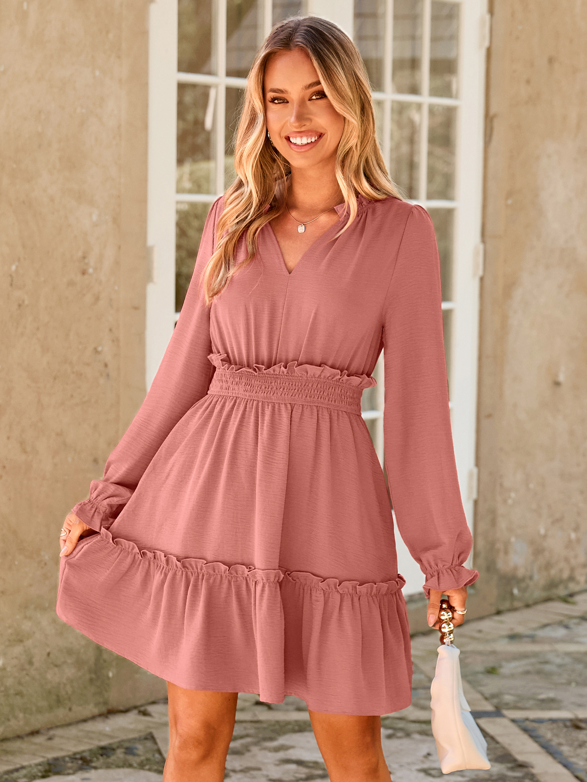 Ruffle V Neck Long Sleeve Mini Dress
