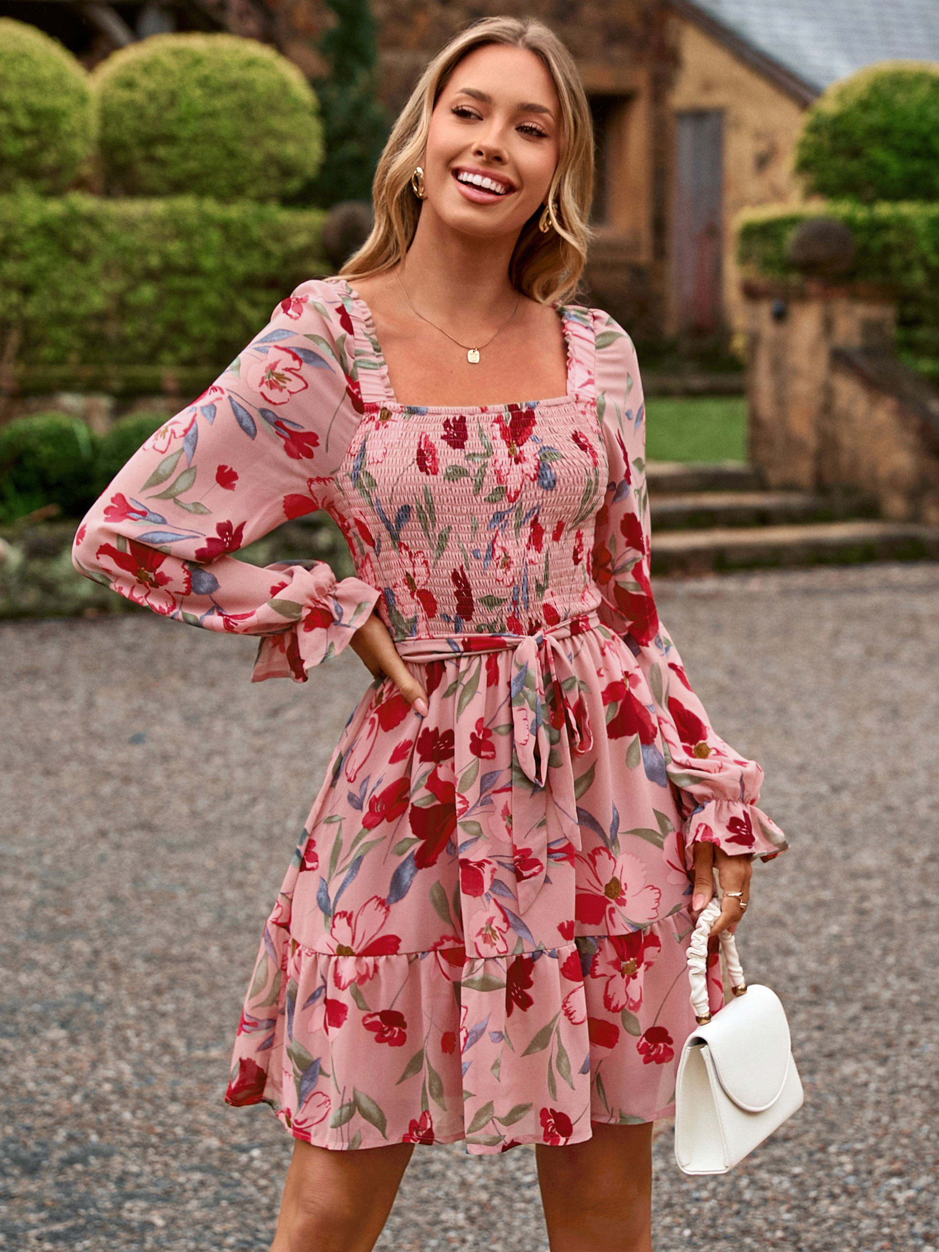 Boho Floral Chiffon Smocked Mini Dress