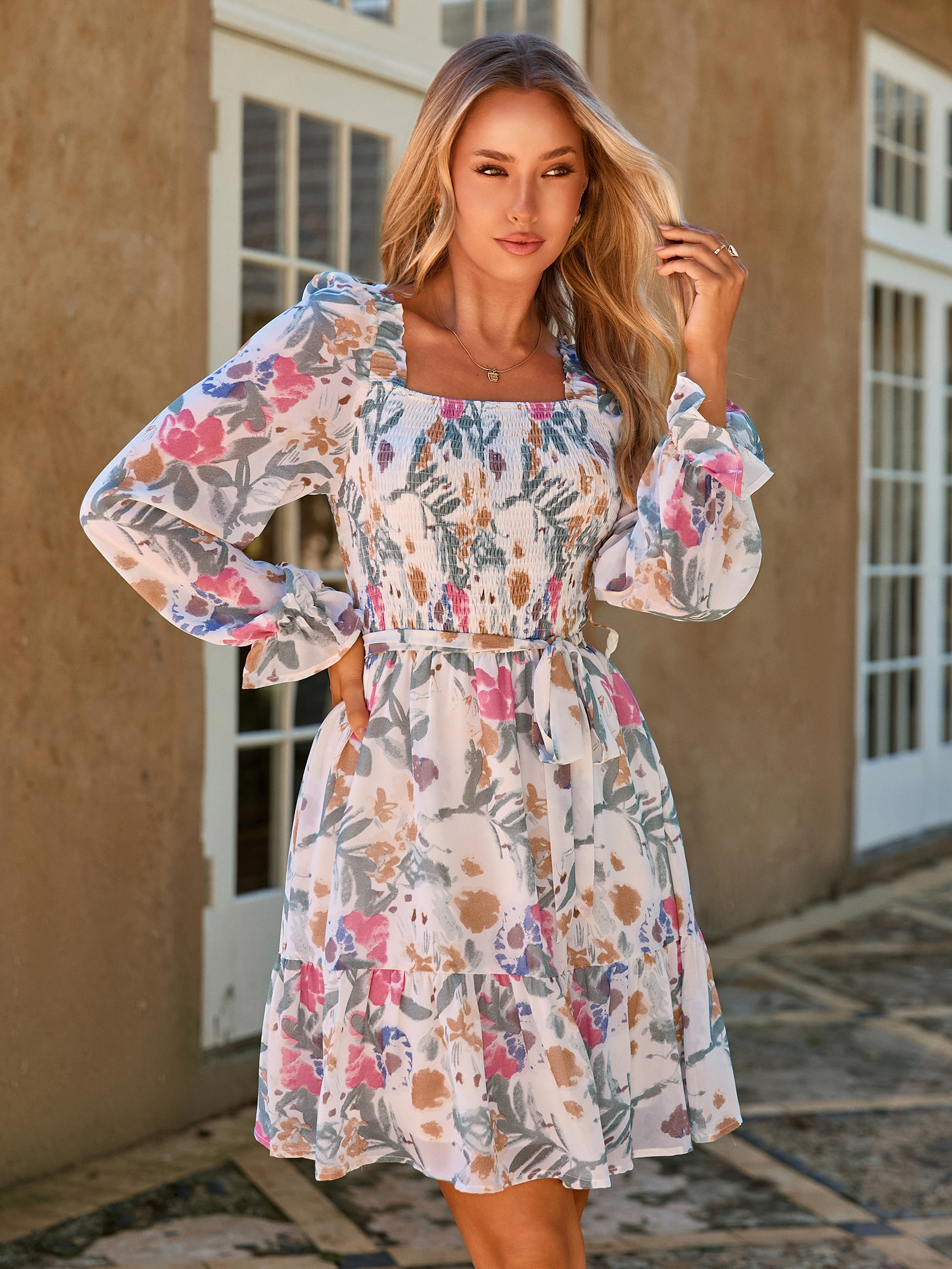 Boho Floral Chiffon Smocked Mini Dress
