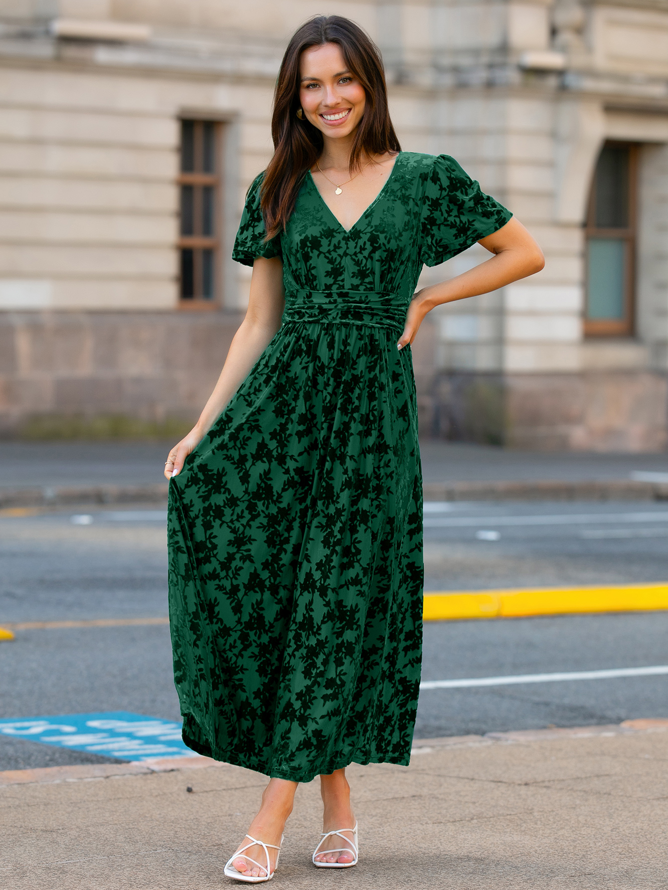 Velvet Floral Slit V-Neck Flutter Sleeve Maxi Dress - Green