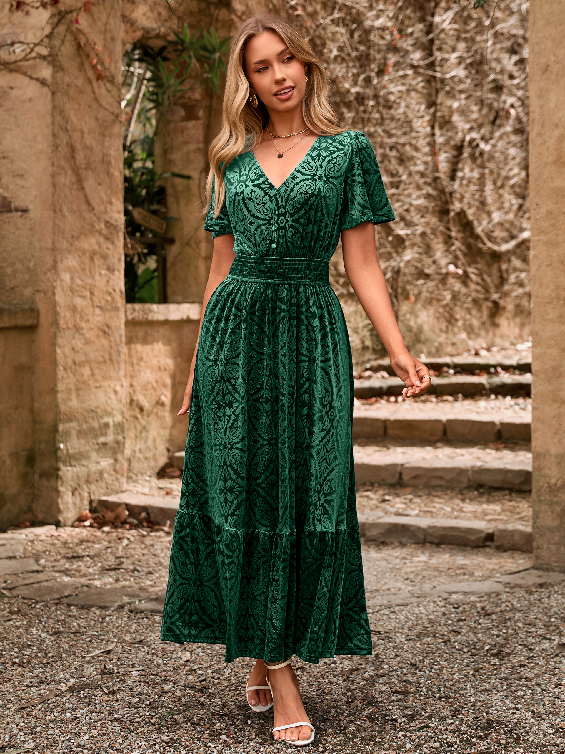 Velvet Floral V Neck Wedding Guest Maxi Dress