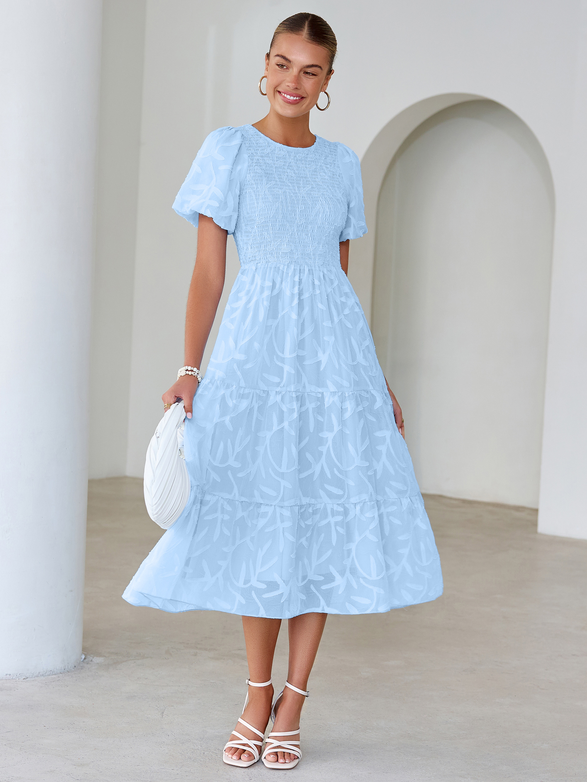 Puff Sleeve A Line Tiered Chiffon Maxi Dress