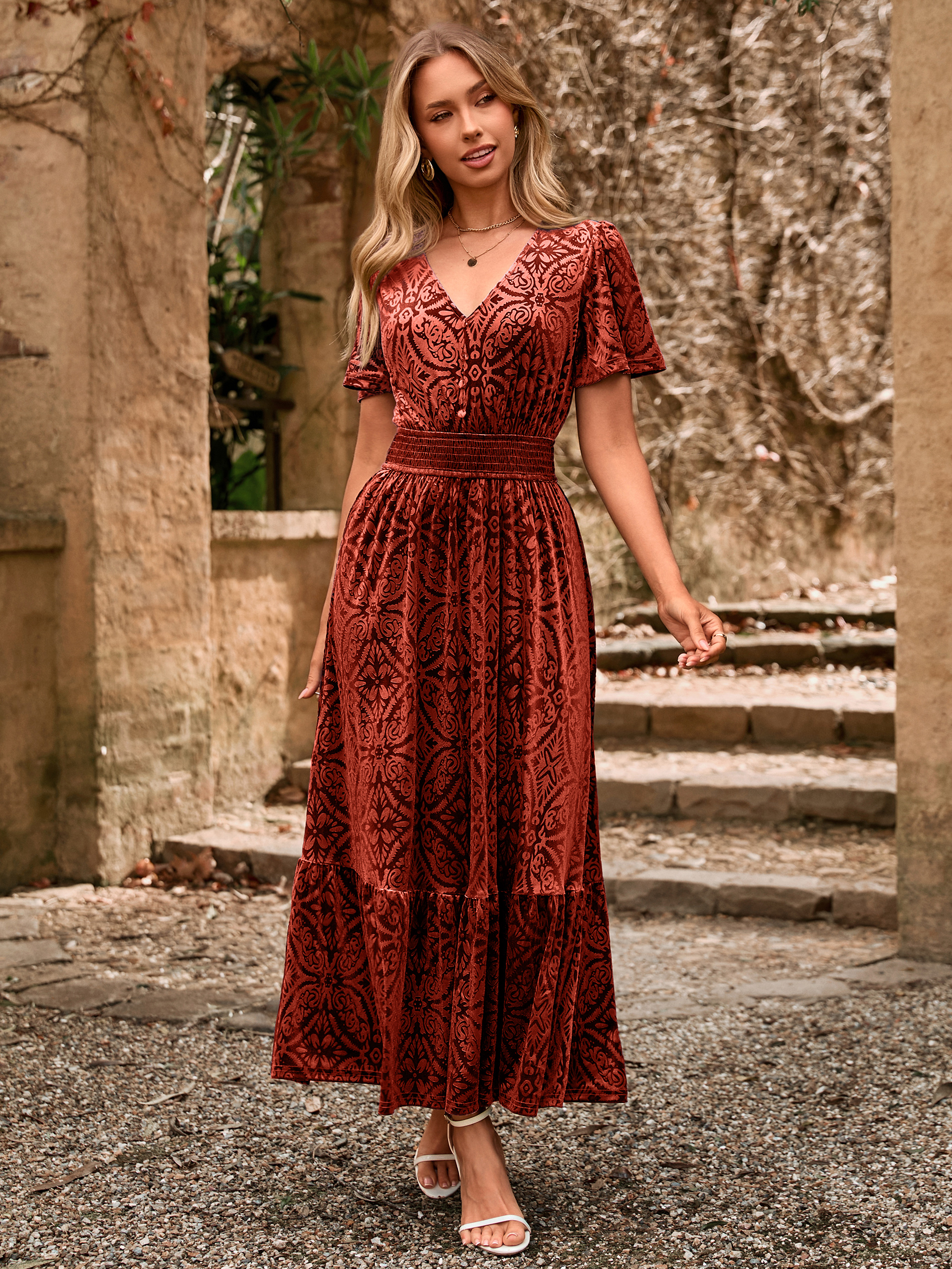 Velvet Floral V Neck Wedding Guest Maxi Dress
