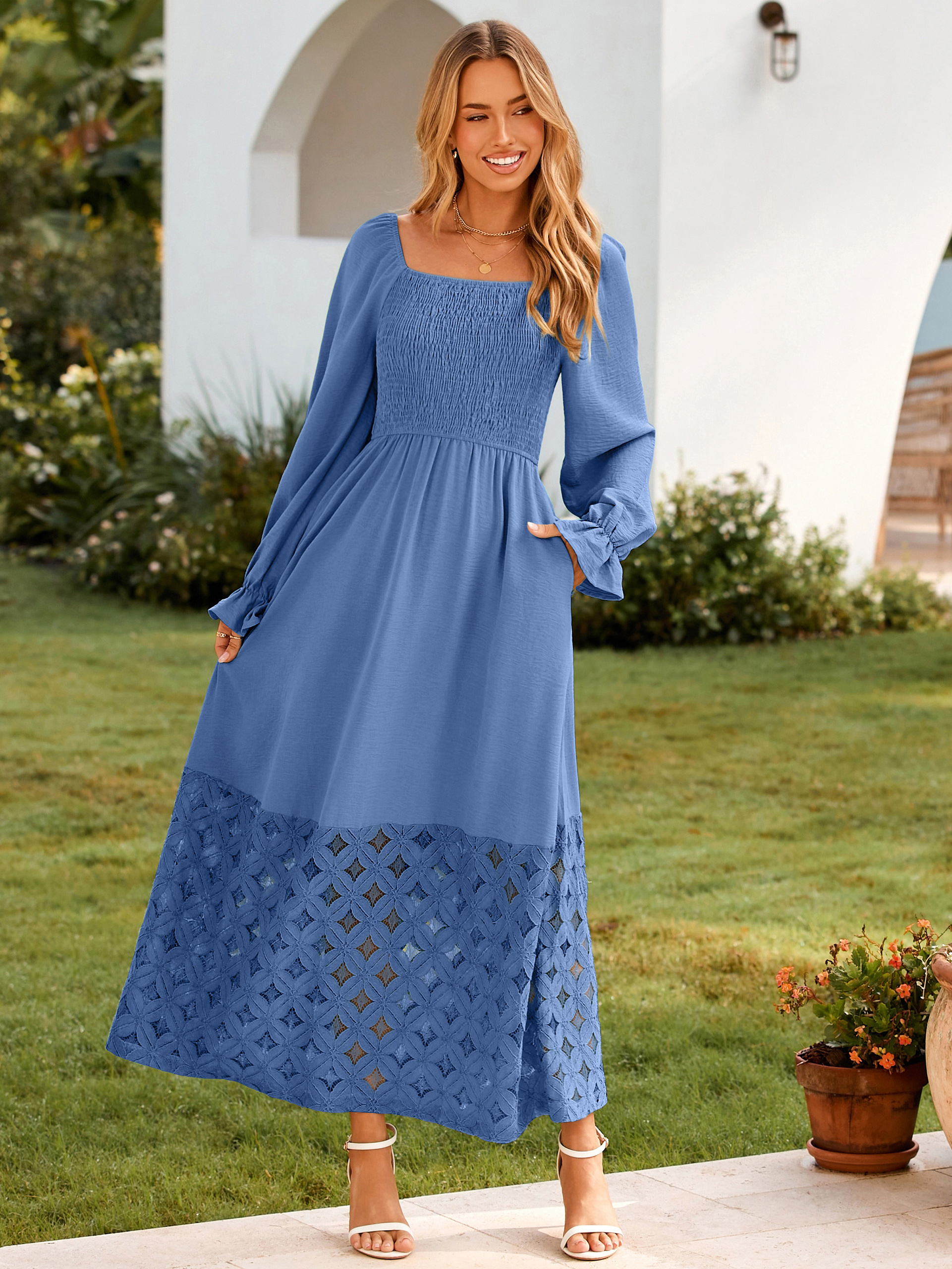 Boho Flowy Square Neck Wedding Guest Maxi Dress