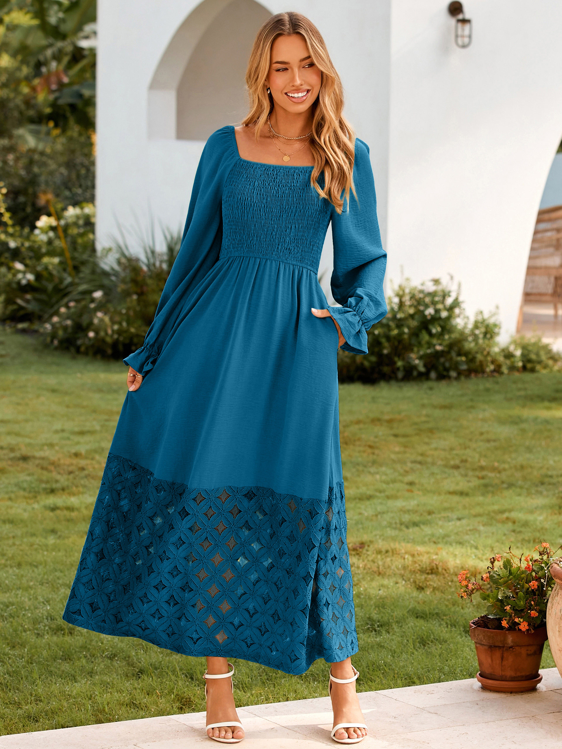 Boho Flowy Square Neck Wedding Guest Maxi Dress