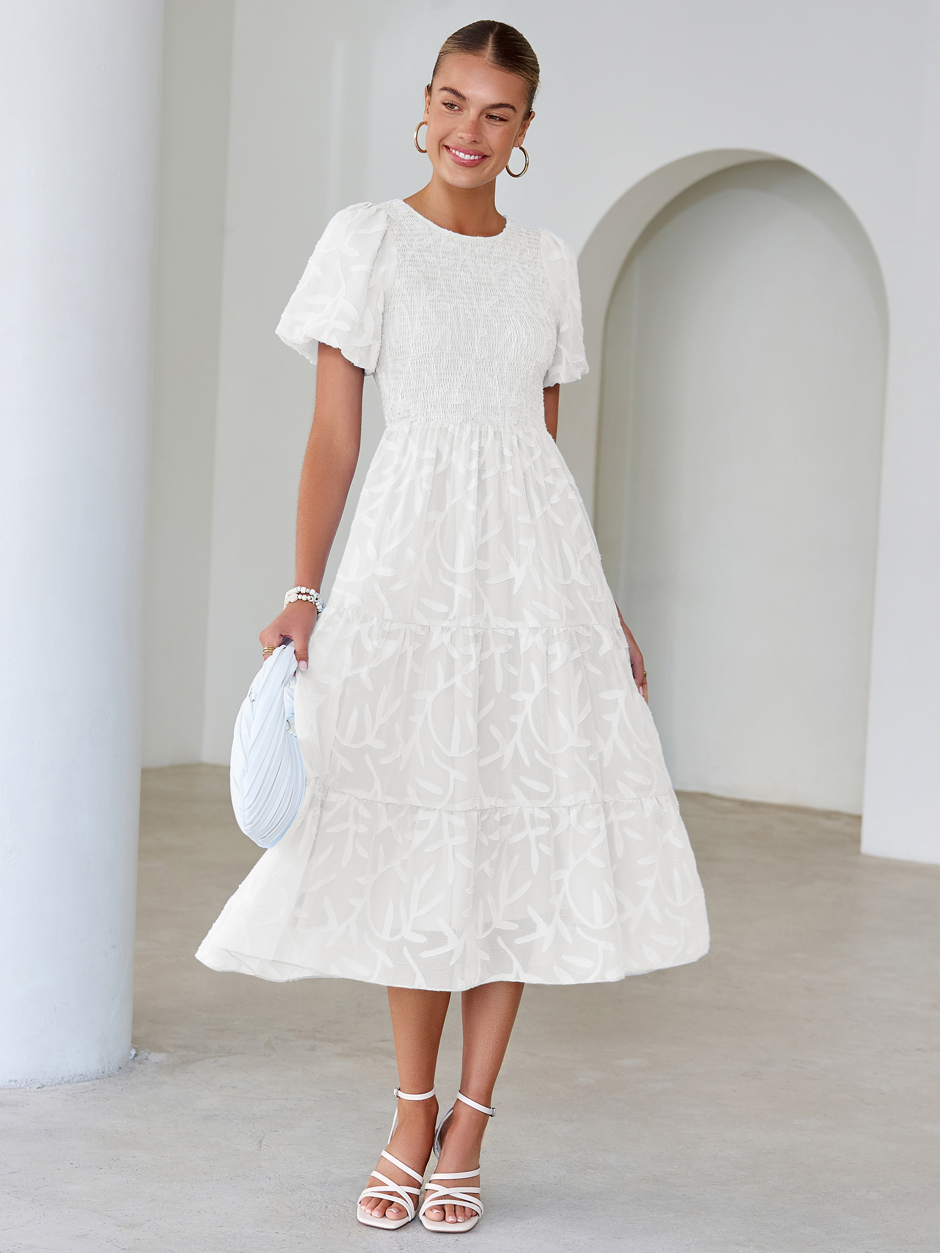 Puff Sleeve A Line Tiered Chiffon Maxi Dress