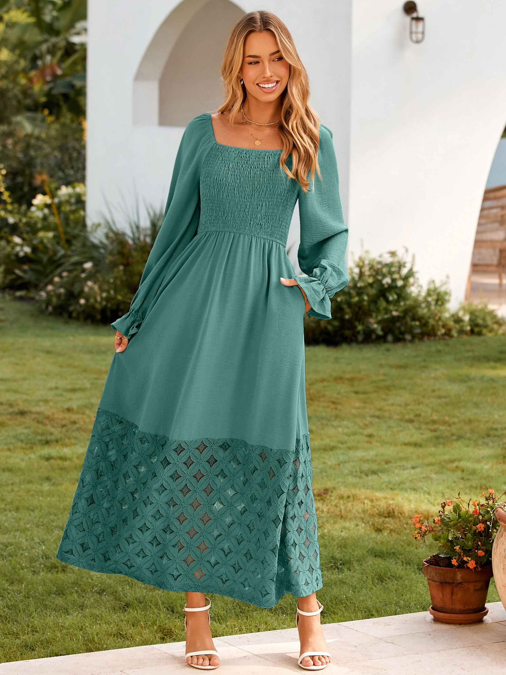 Boho Flowy Square Neck Wedding Guest Maxi Dress