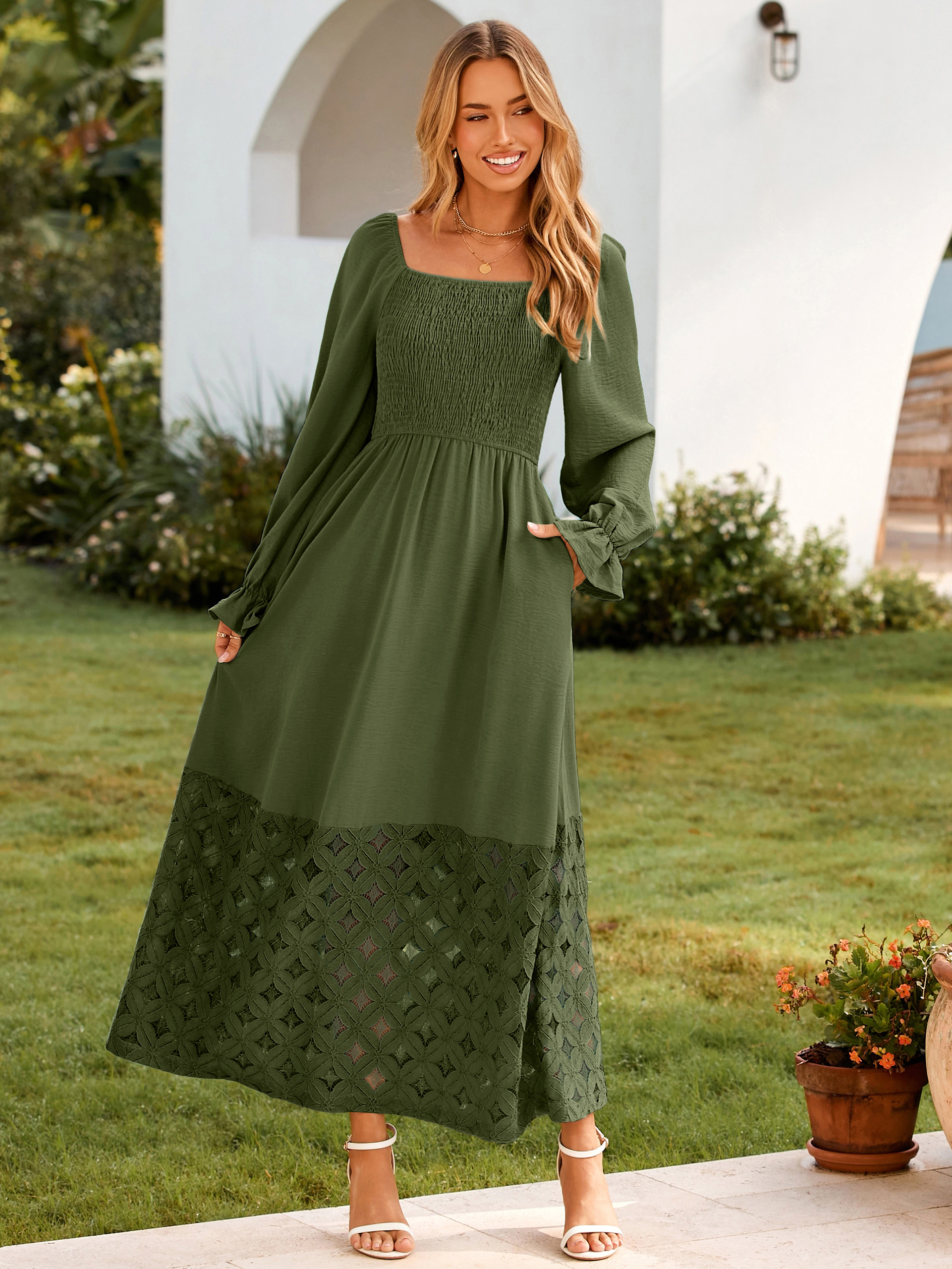 Boho Flowy Square Neck Wedding Guest Maxi Dress