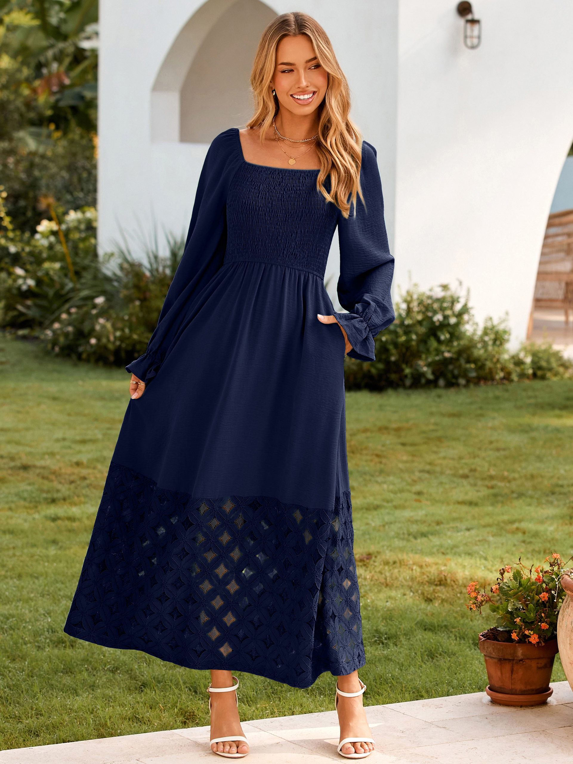 Boho Flowy Square Neck Wedding Guest Maxi Dress