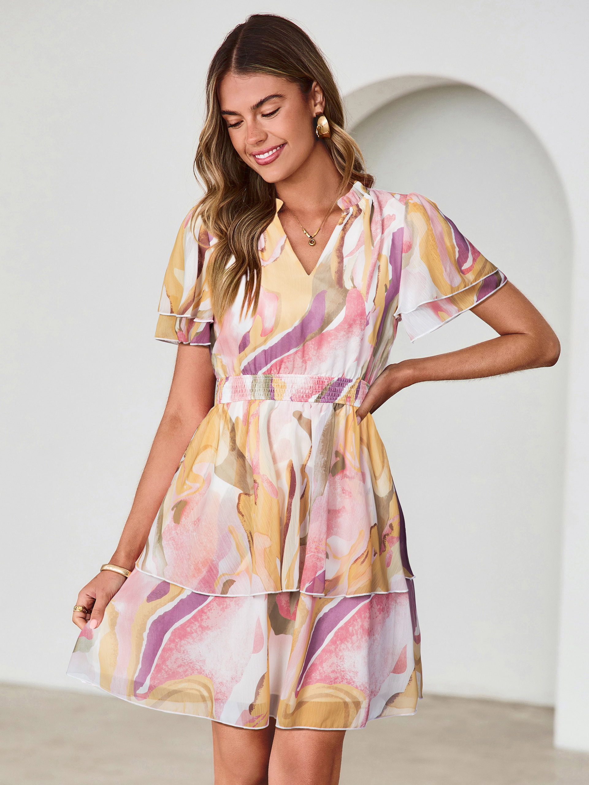 Floral Print V Neck Smocked Tiered Mini Dress