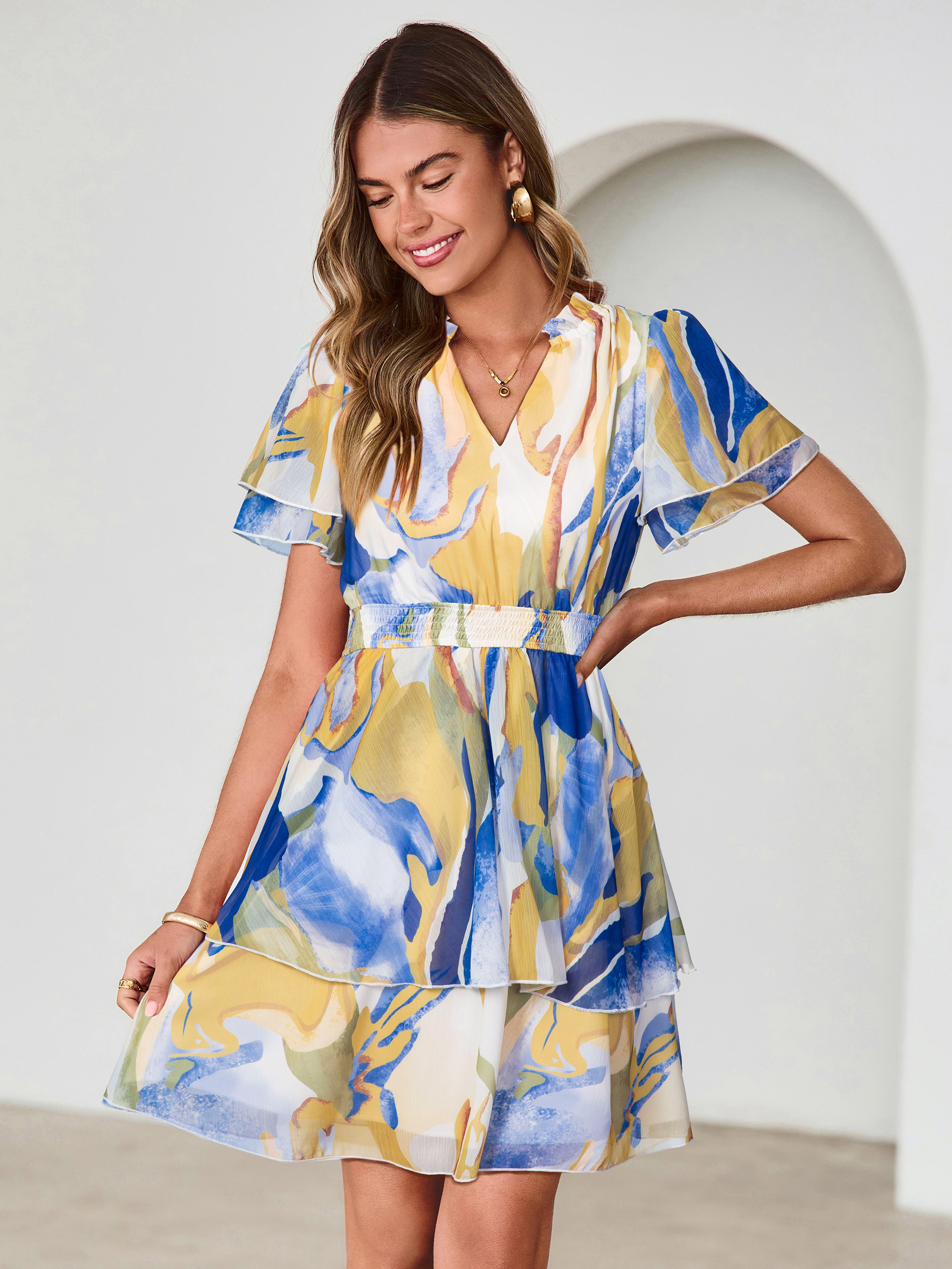 Floral Print V Neck Smocked Tiered Mini Dress