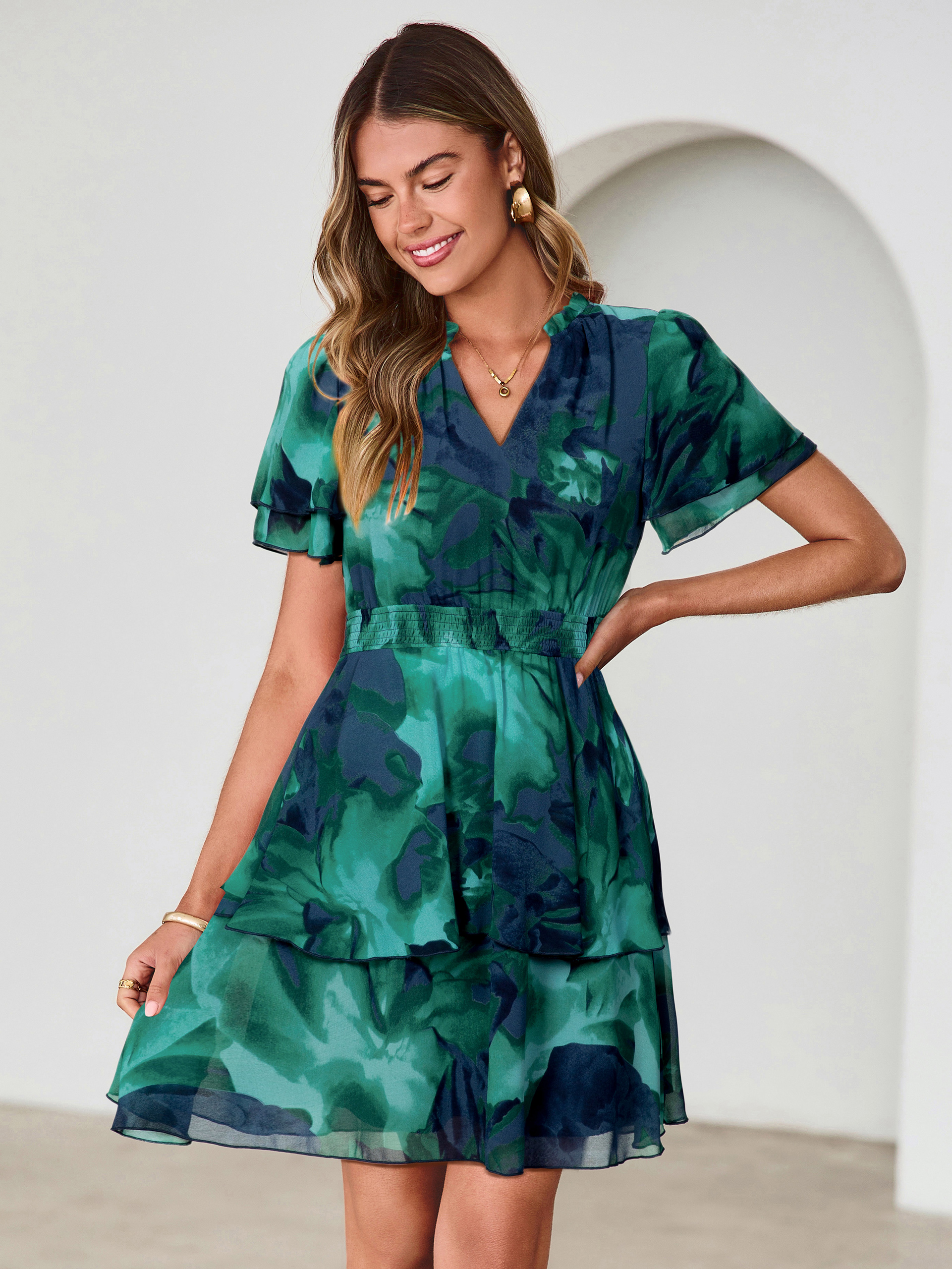 Floral Print V Neck Smocked Tiered Mini Dress