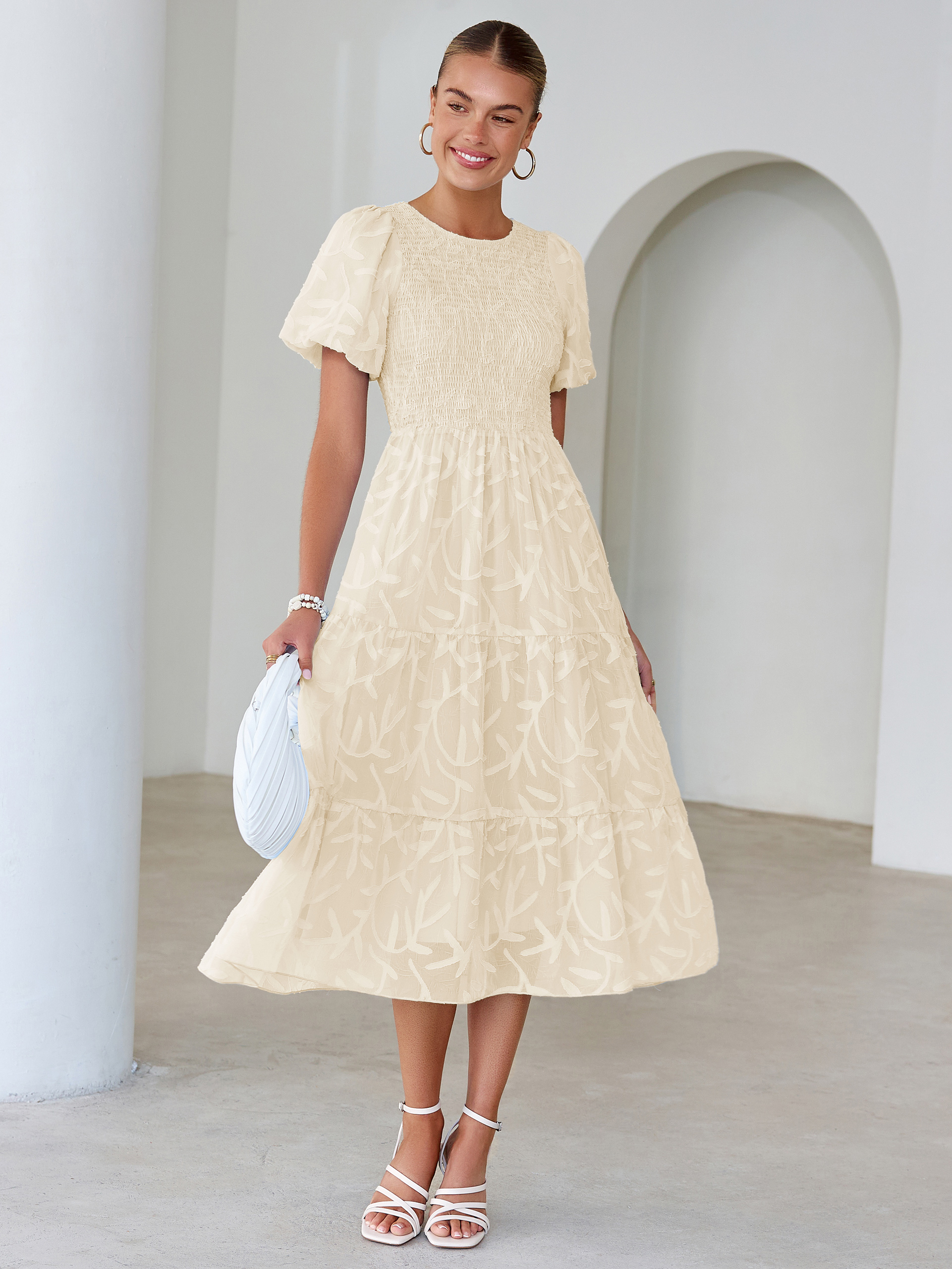 Puff Sleeve A Line Tiered Chiffon Maxi Dress