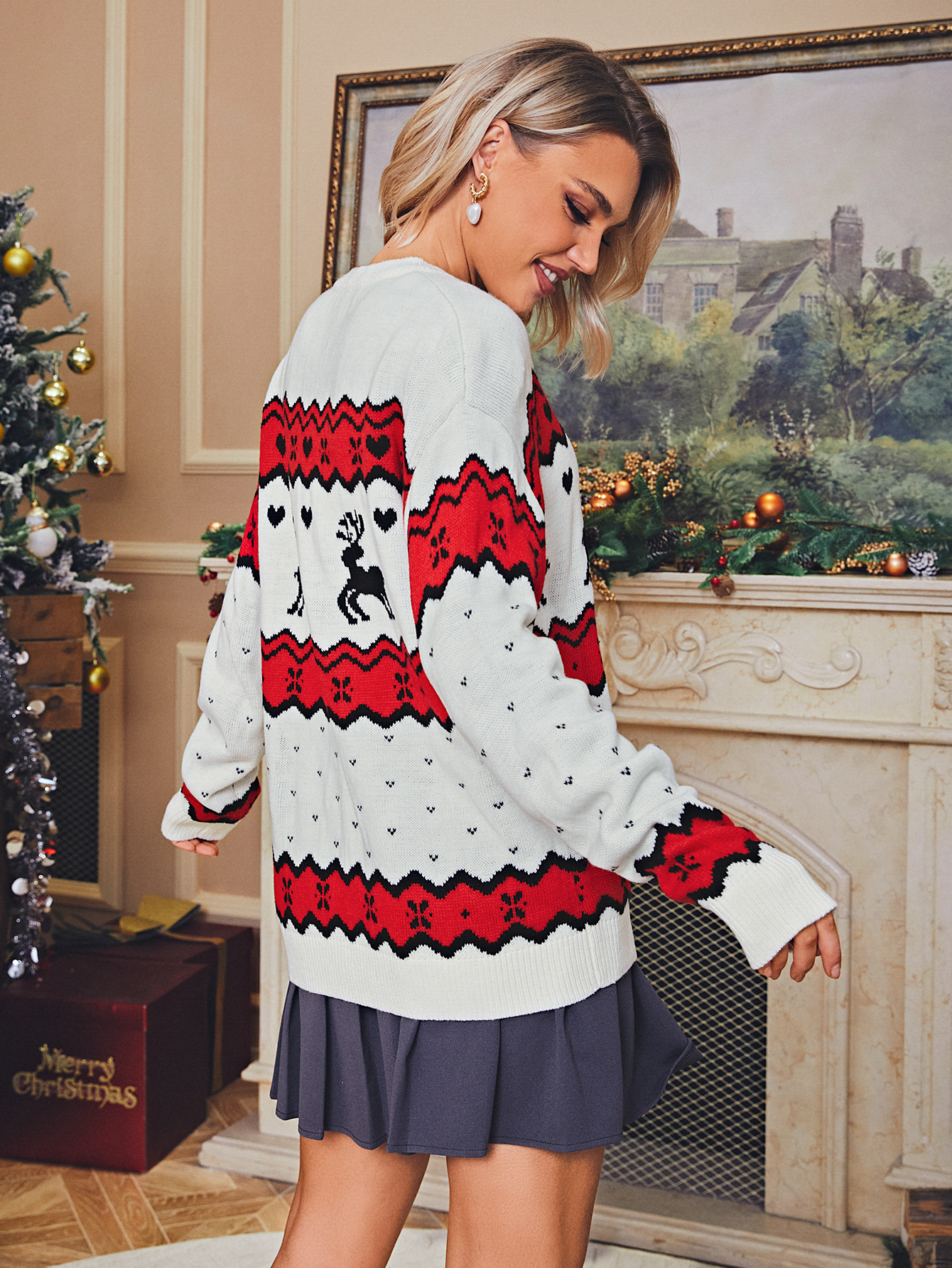 Nordic Reindeer Pattern Crewneck Christmas Sweater - Red