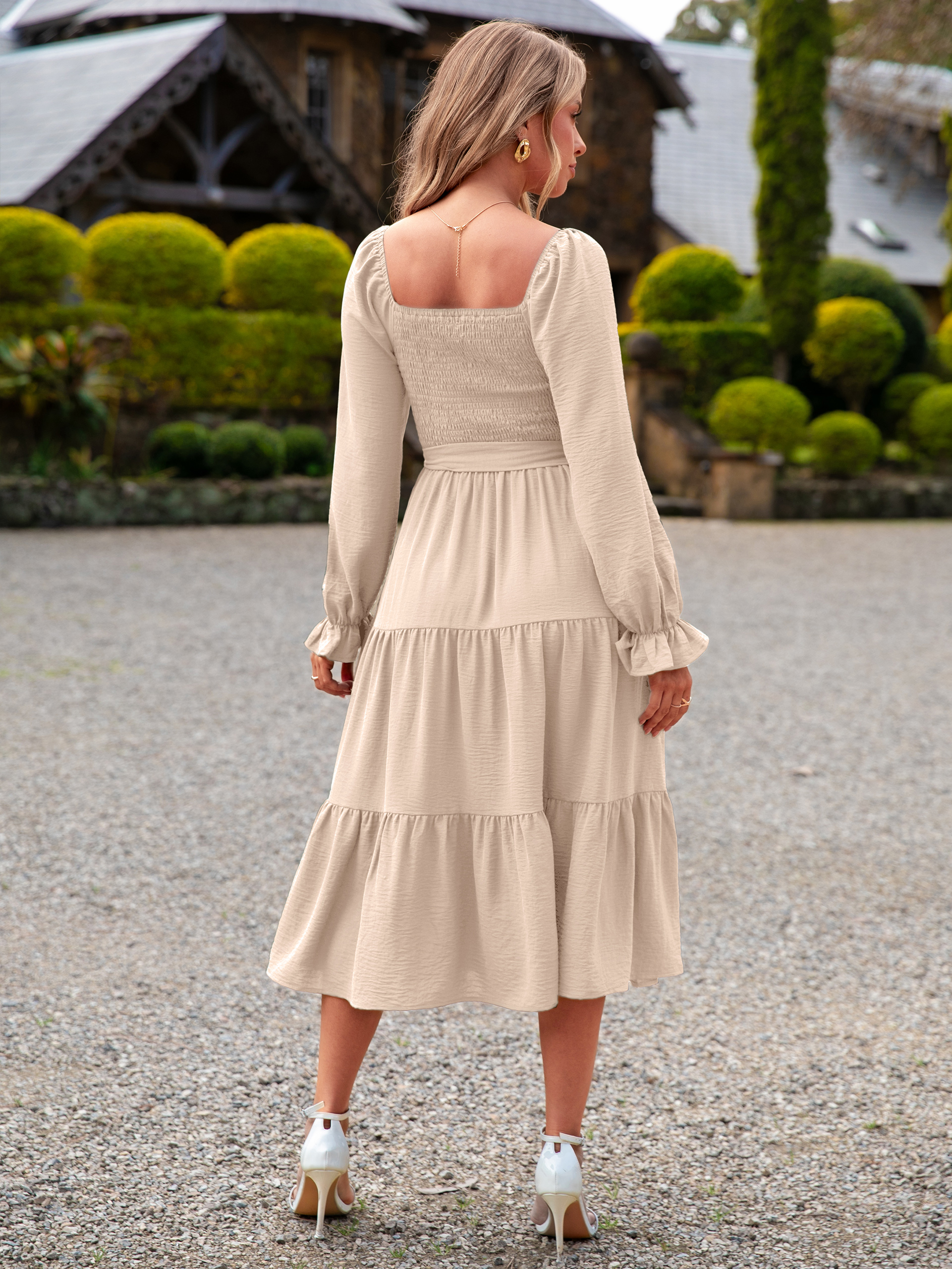 Square Neck Ruched Smocked Tiered Maxi Dress