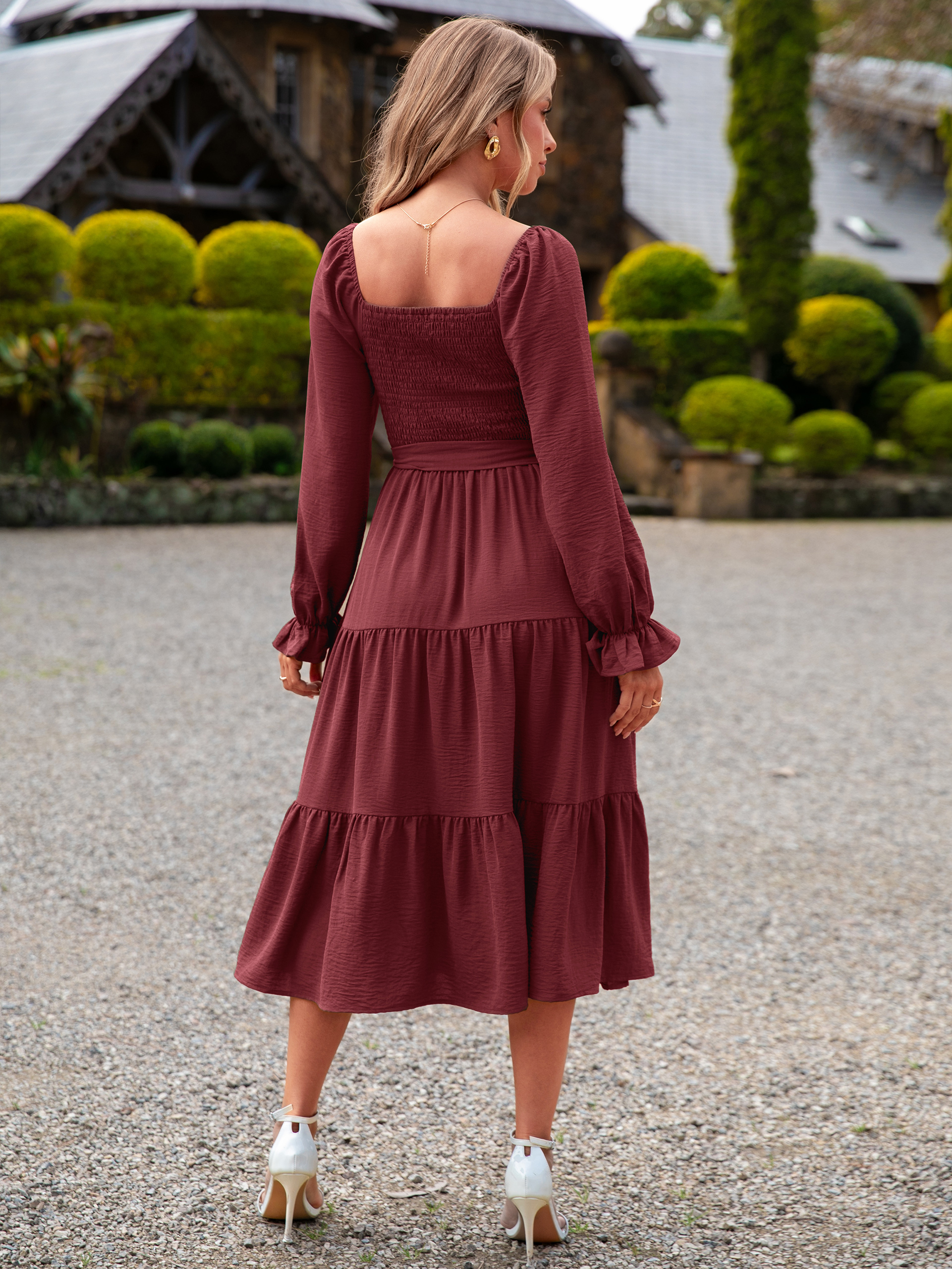 Square Neck Ruched Smocked Tiered Maxi Dress