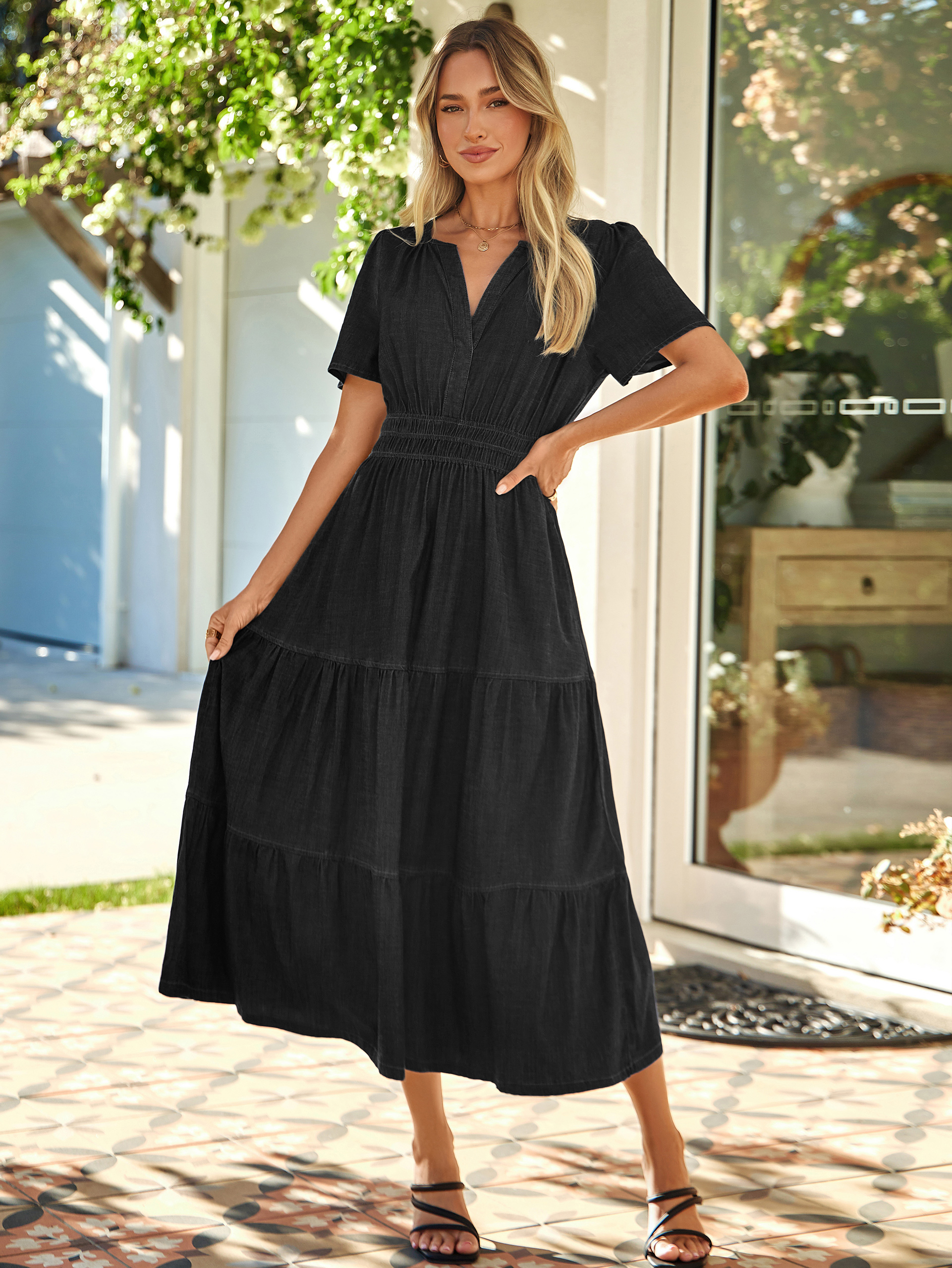 V Neck Smocked Waist Tiered Denim Maxi Dress - Denim Black