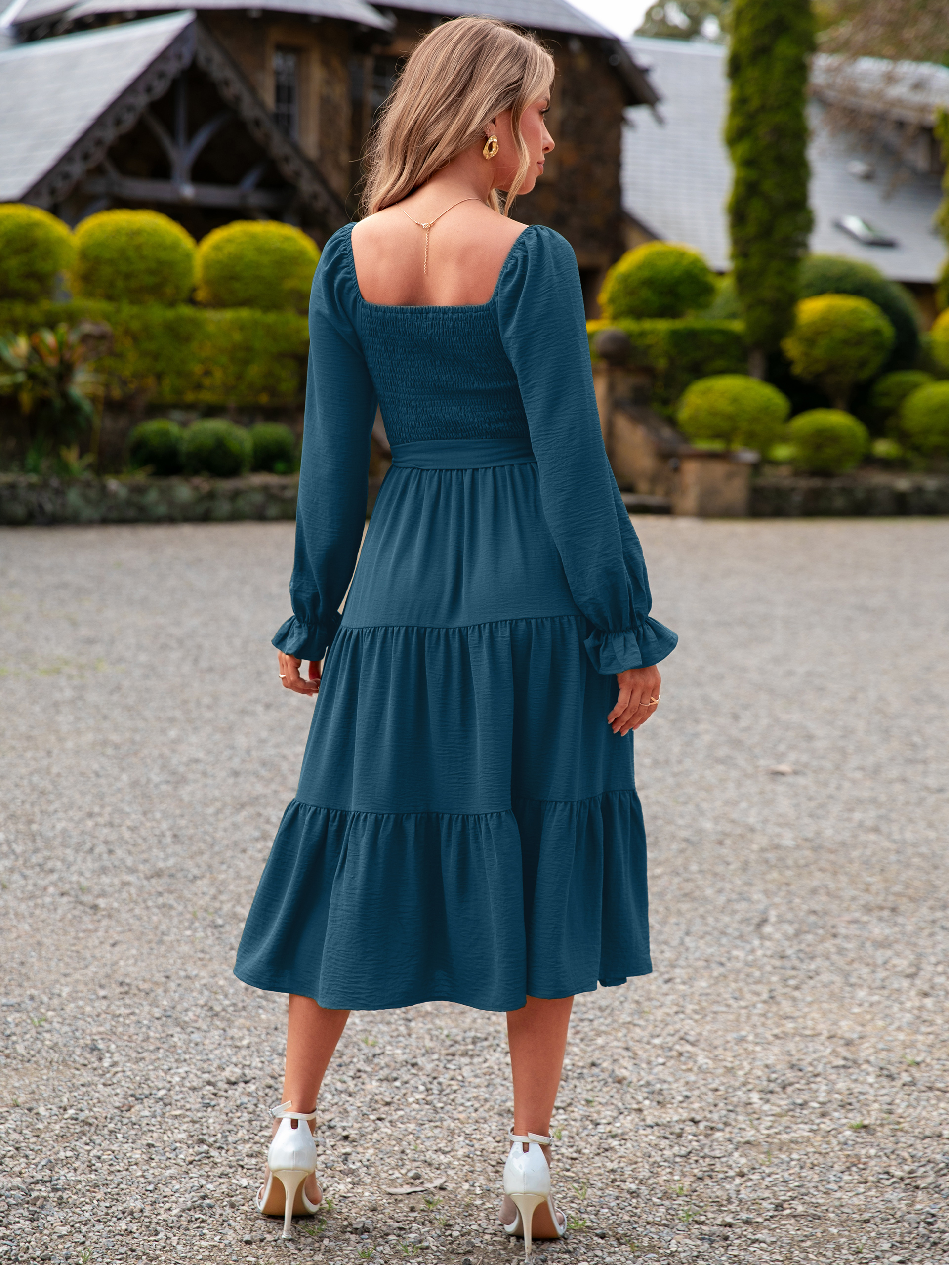 Square Neck Ruched Smocked Tiered Maxi Dress
