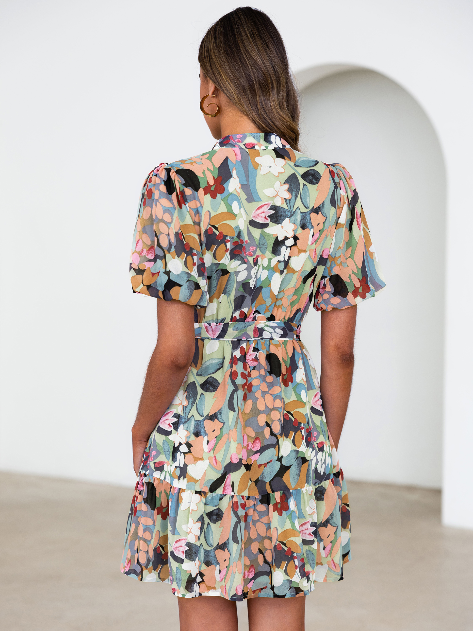 Floral Button Down Tie Waist A-Line Mini Dress