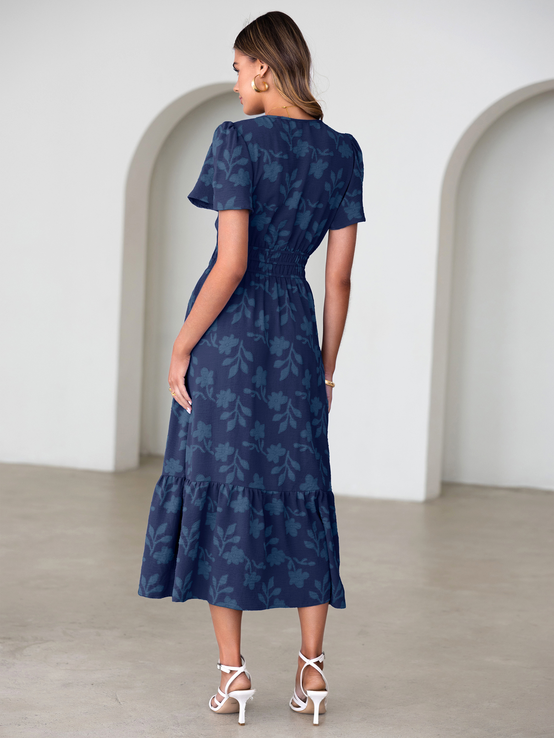 V Neck Burnout Floral Ruffle Maxi Dress