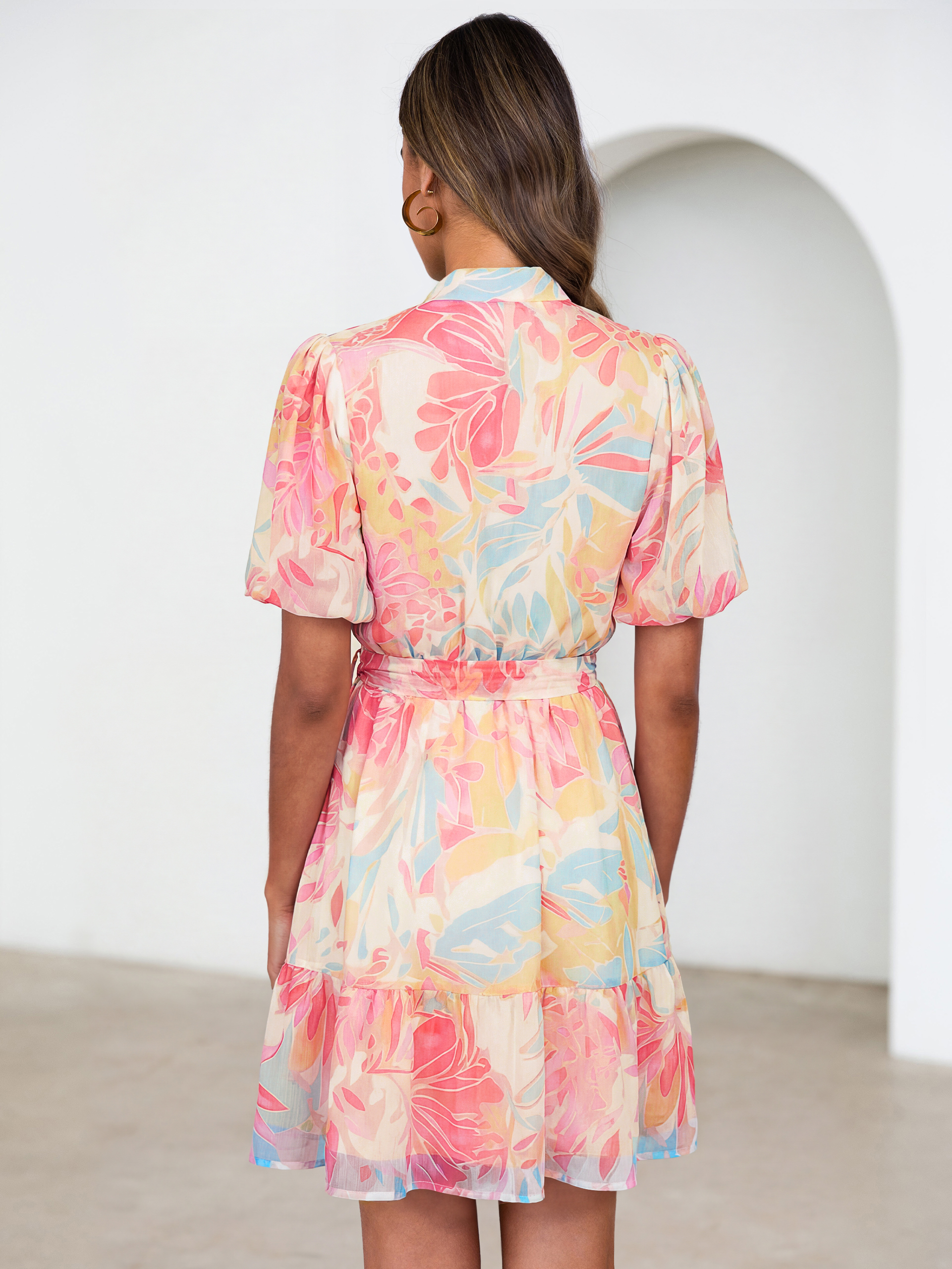 Floral Button Down Tie Waist A-Line Mini Dress