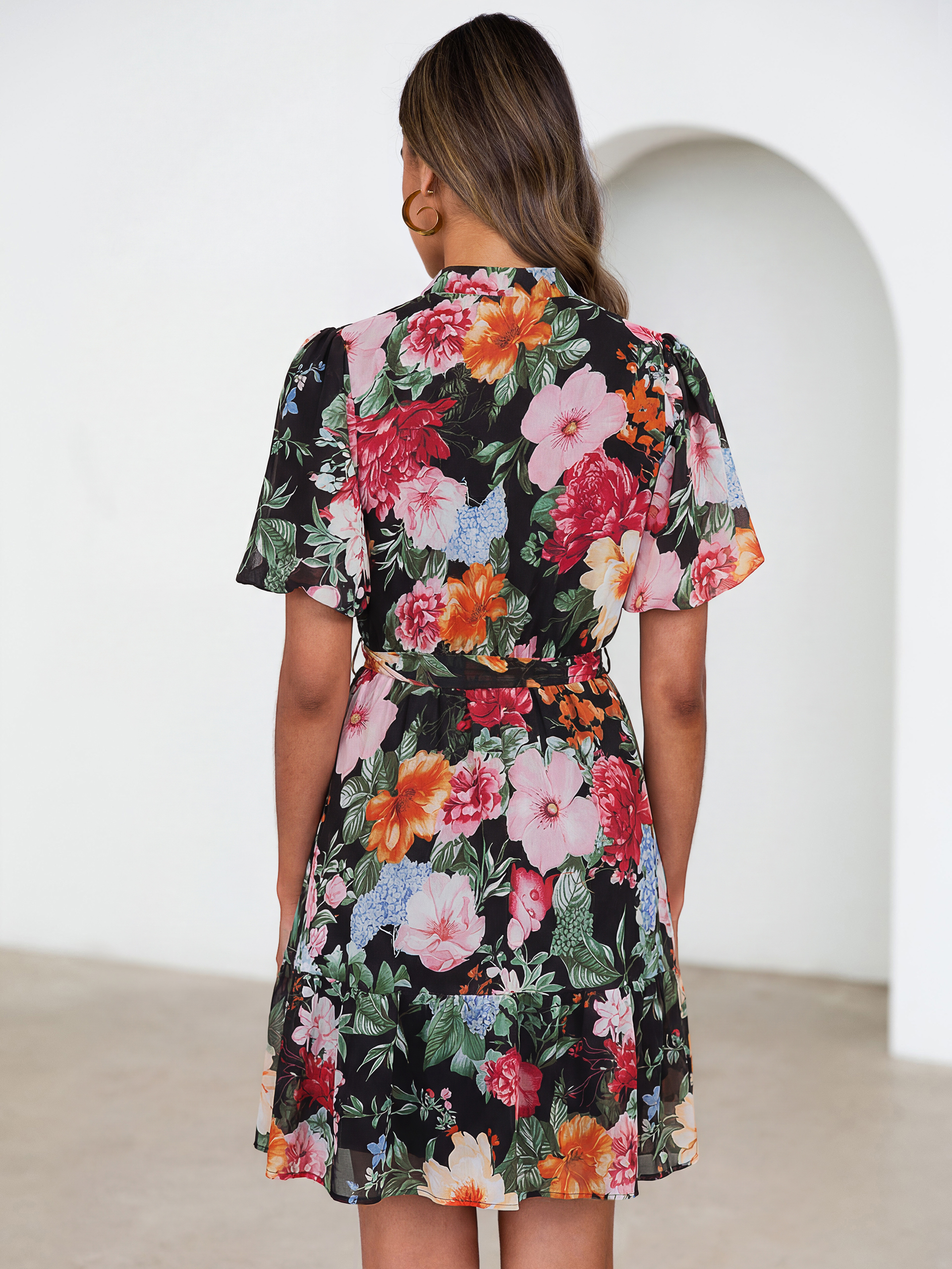 Floral Button Down Tie Waist A-Line Mini Dress