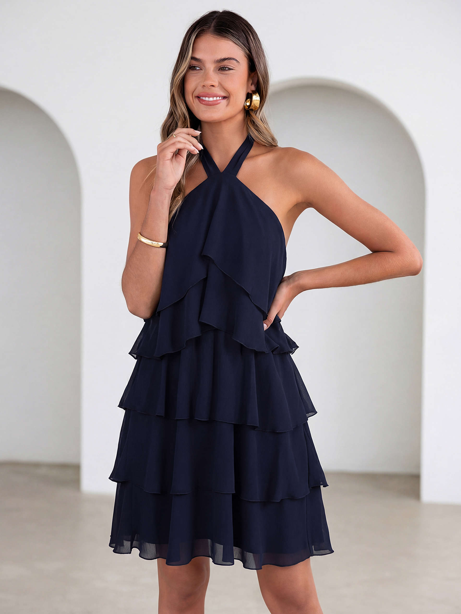 Solid Halter Neck Tiered Ruffle Mini Dress