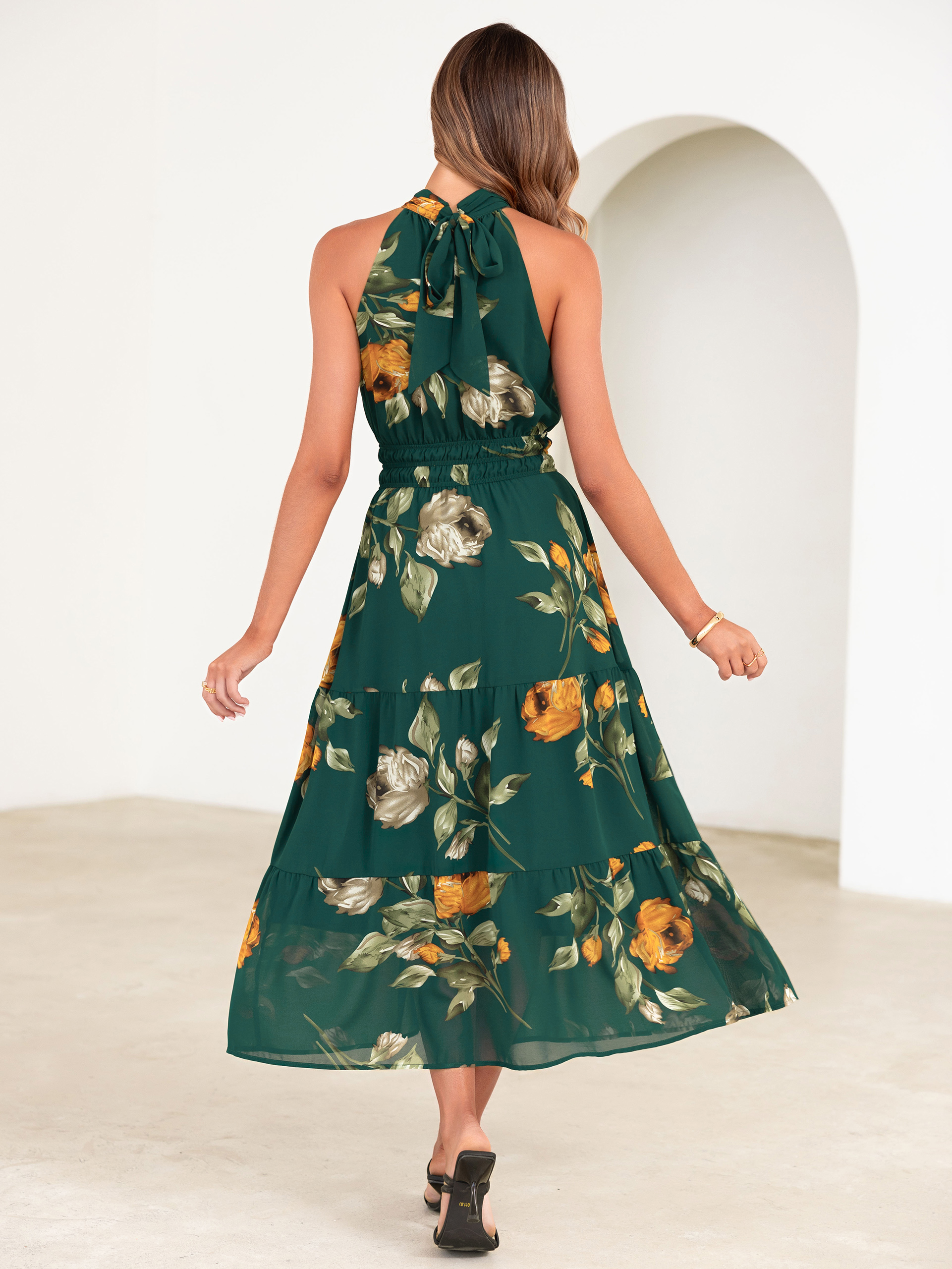Floral Halter Neck Smocked Waist Maxi Dress
