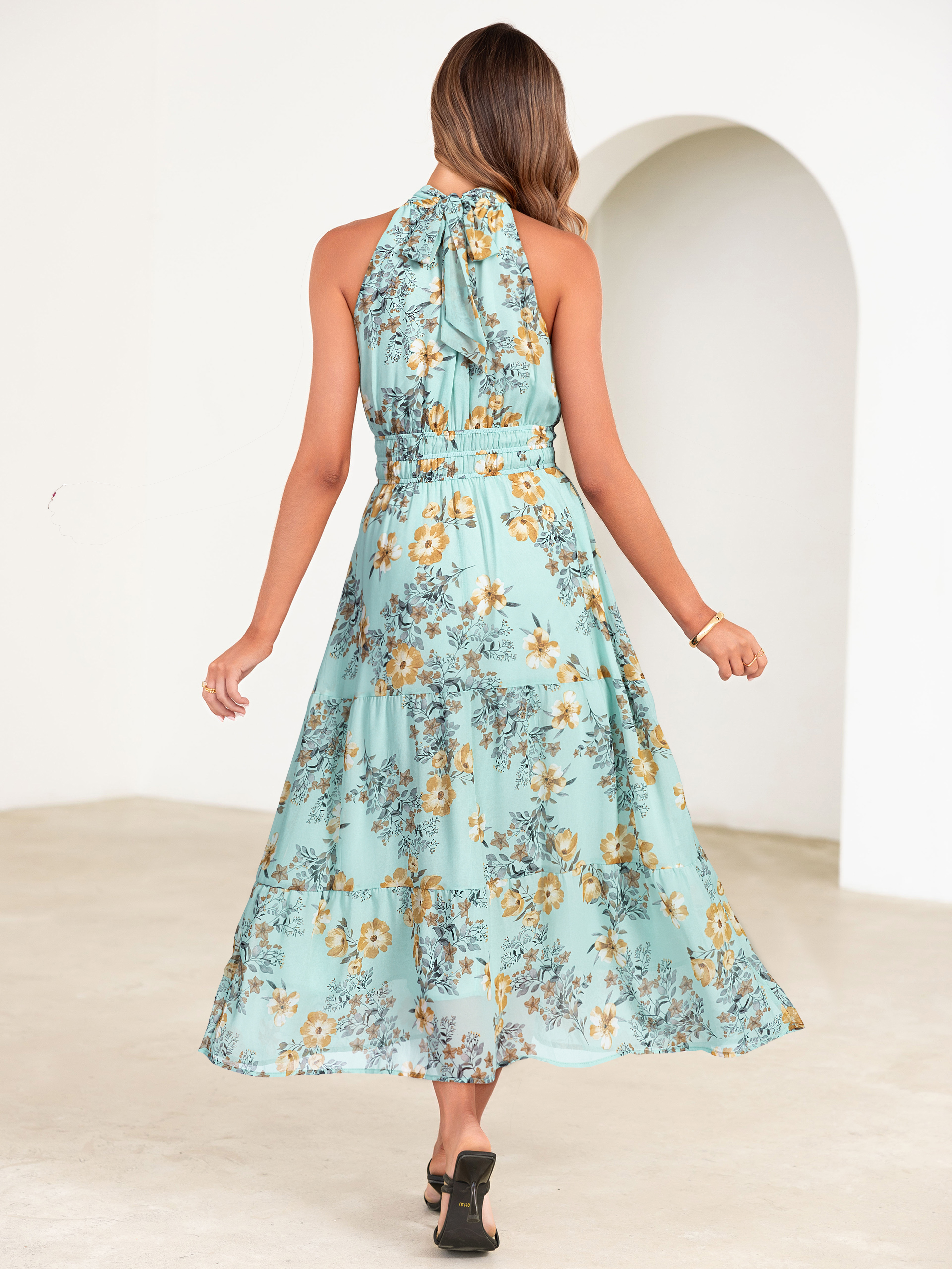 Floral Halter Neck Smocked Waist Maxi Dress