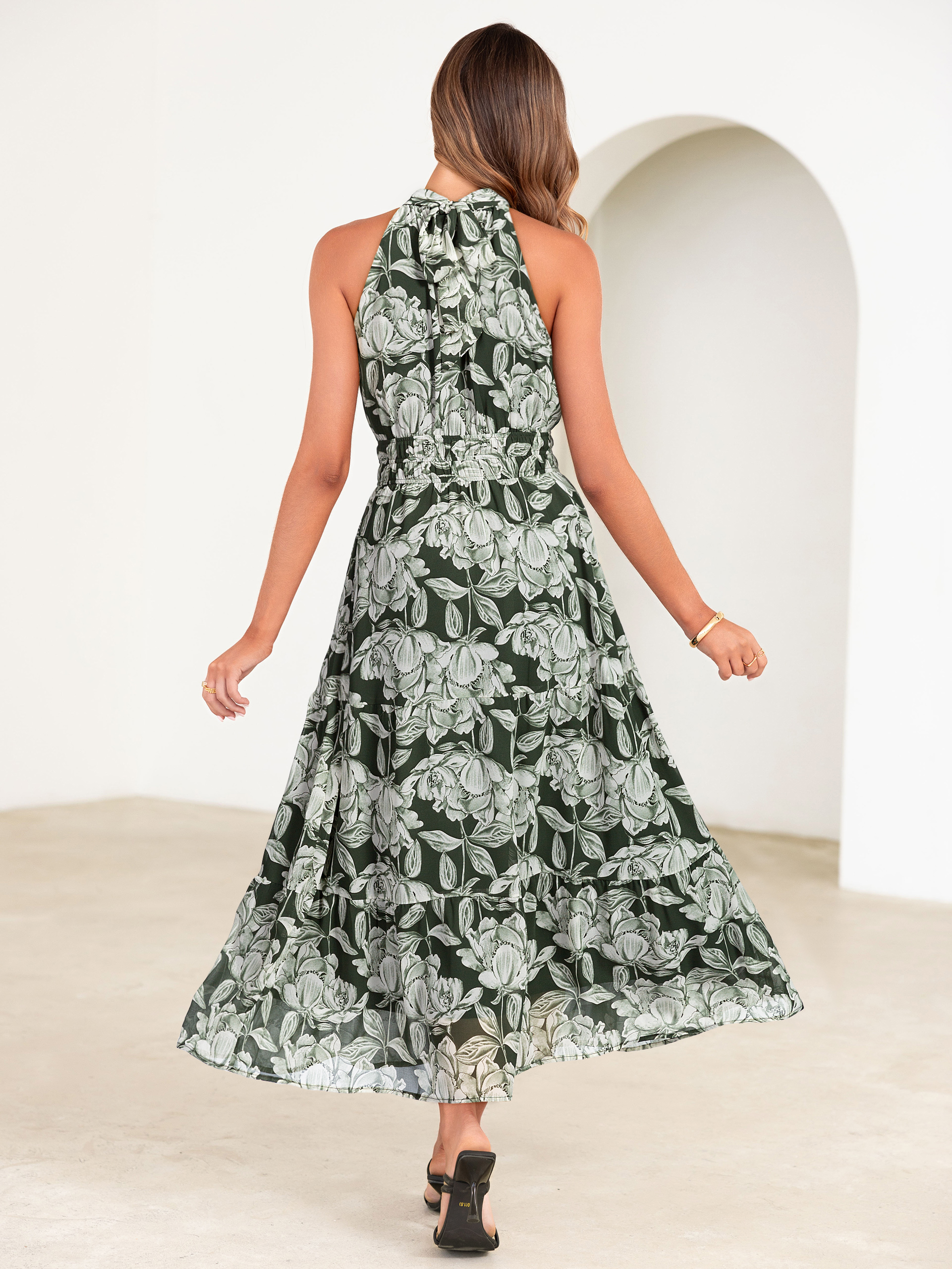 Floral Halter Neck Smocked Waist Maxi Dress