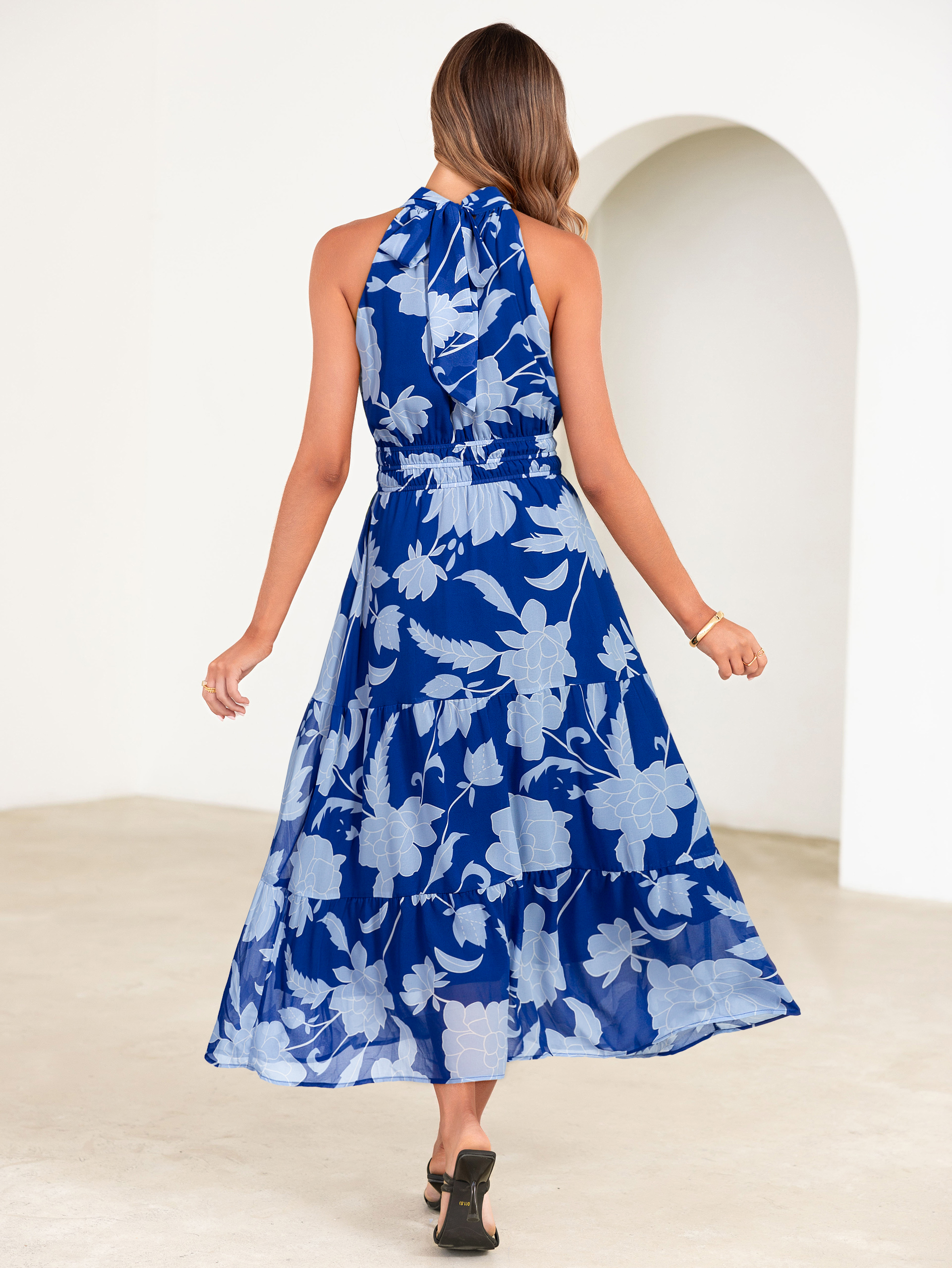 Floral Halter Neck Smocked Waist Maxi Dress