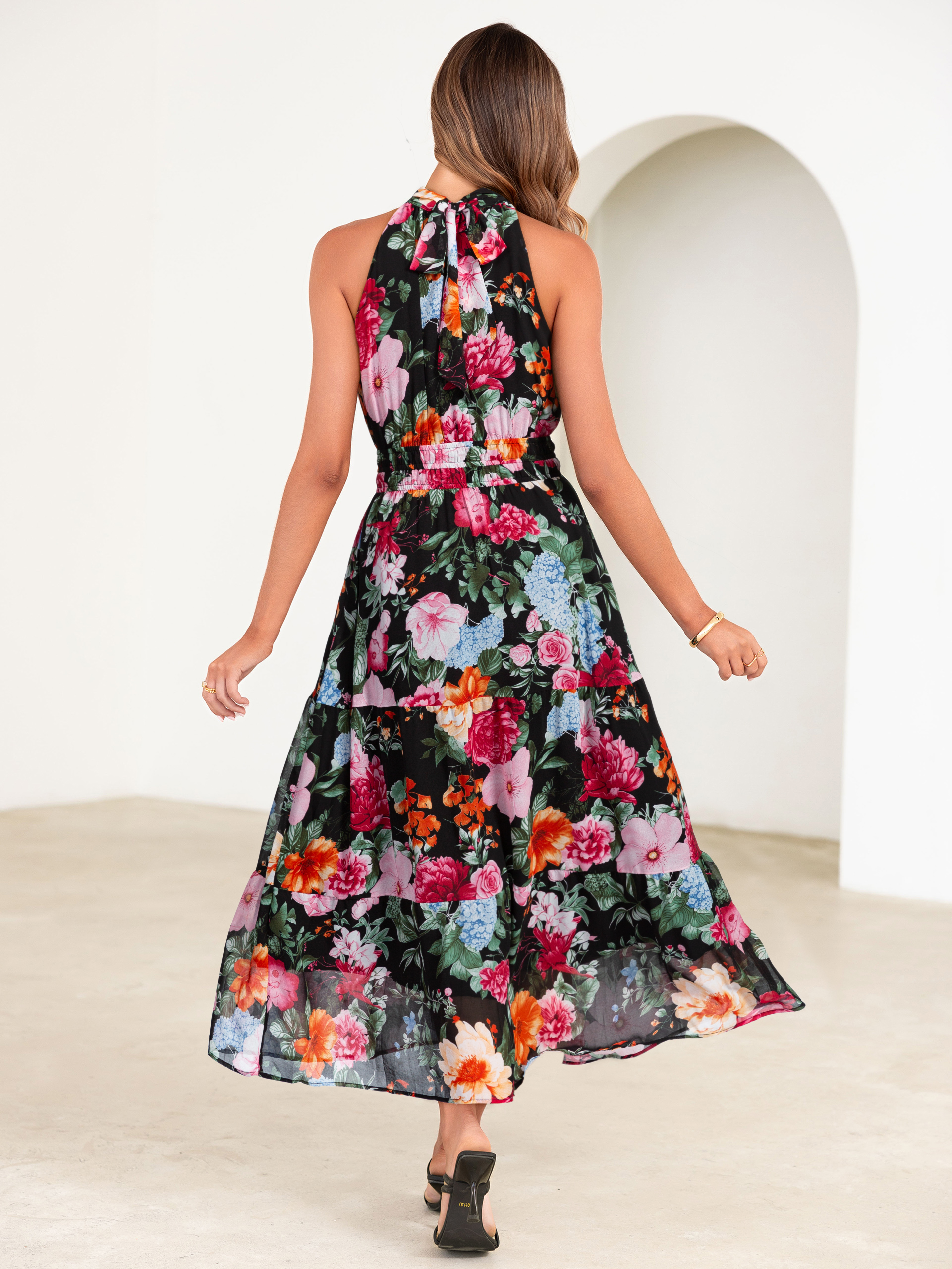 Floral Halter Neck Smocked Waist Maxi Dress