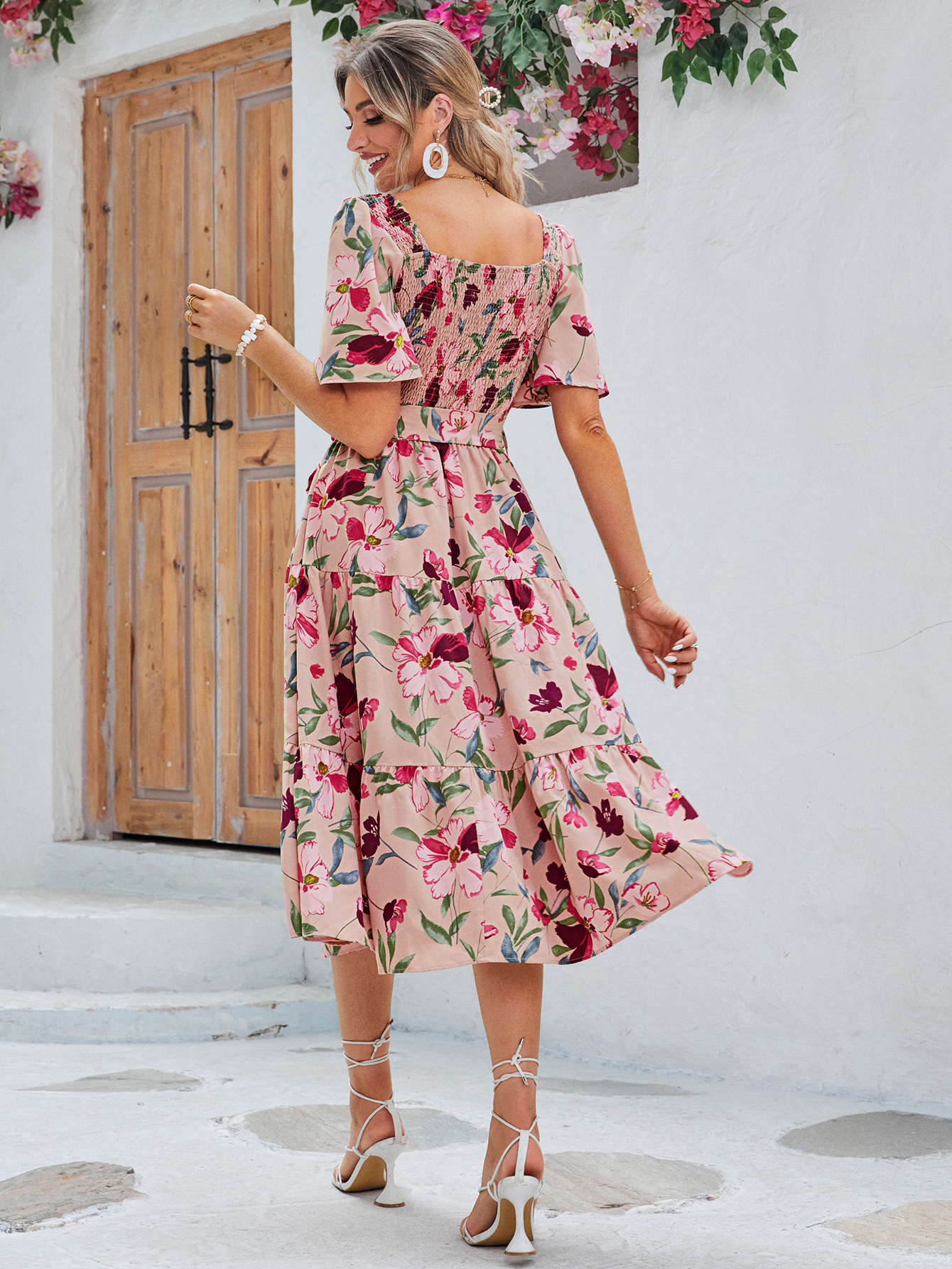 Floral Shirred Ruffle Sleeve Tie Waist Midi Dress - Pink