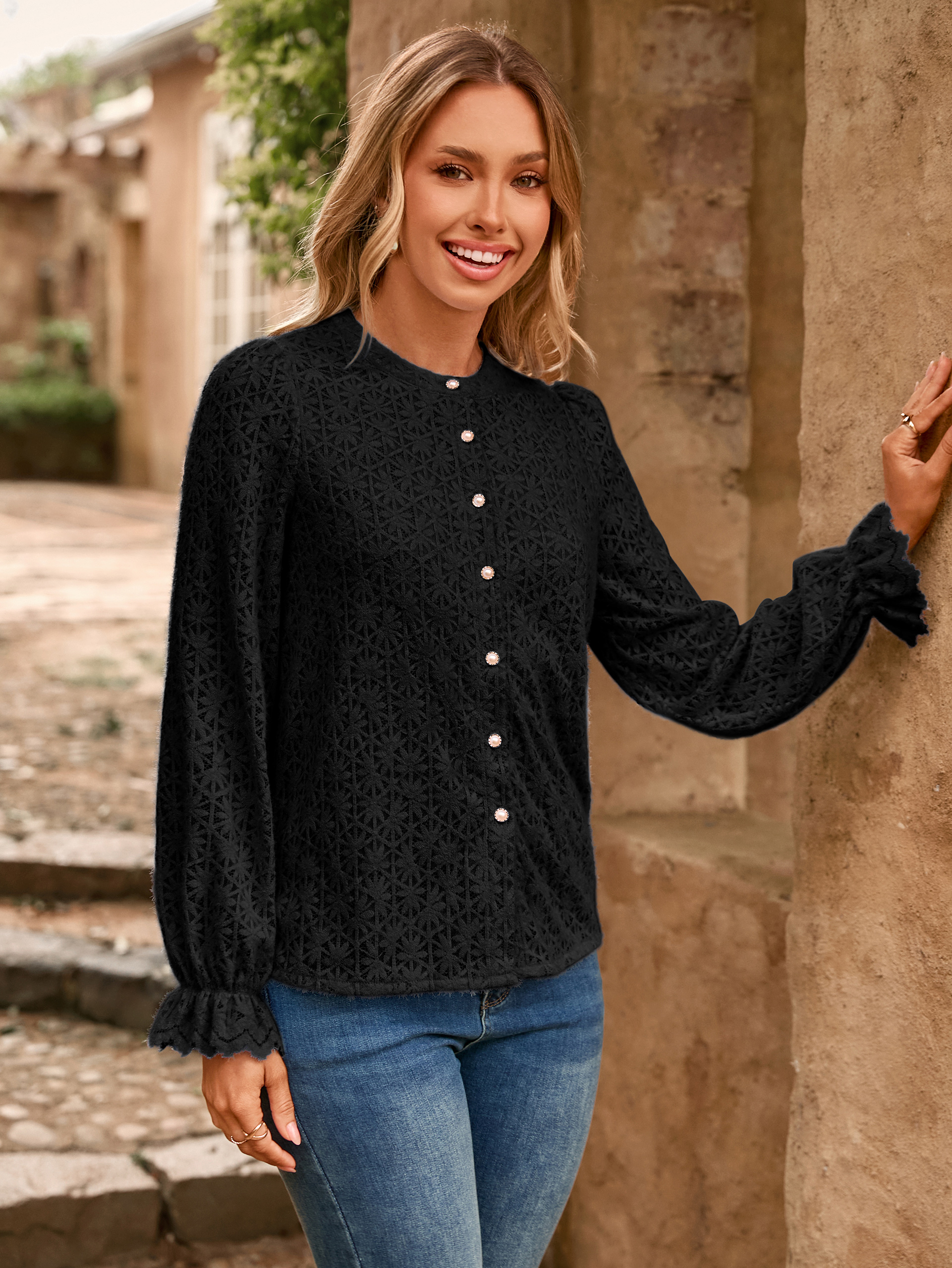 Lace Hollow Out Button Down Dressy Blouses