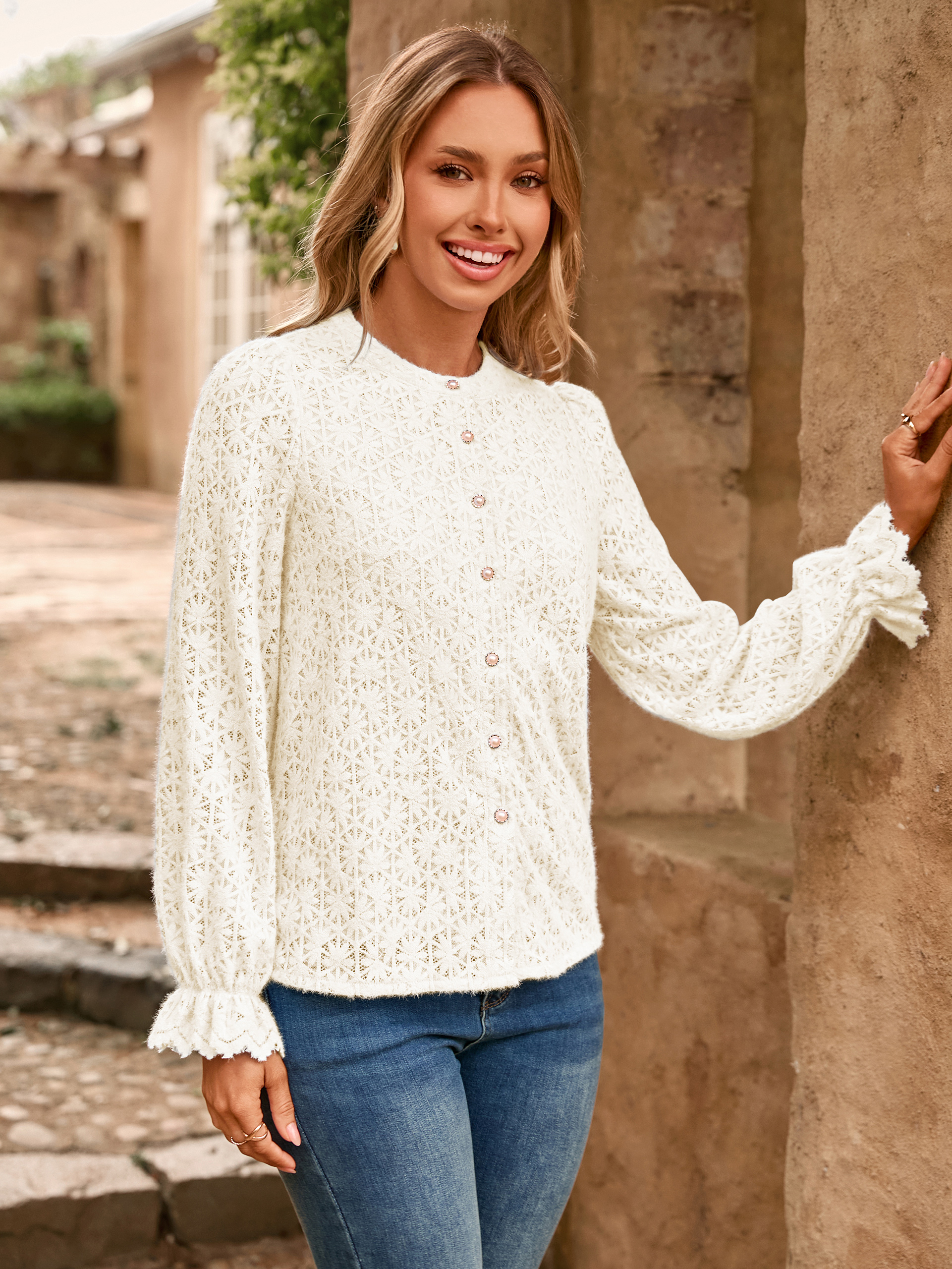 Lace Hollow Out Button Down Dressy Blouses