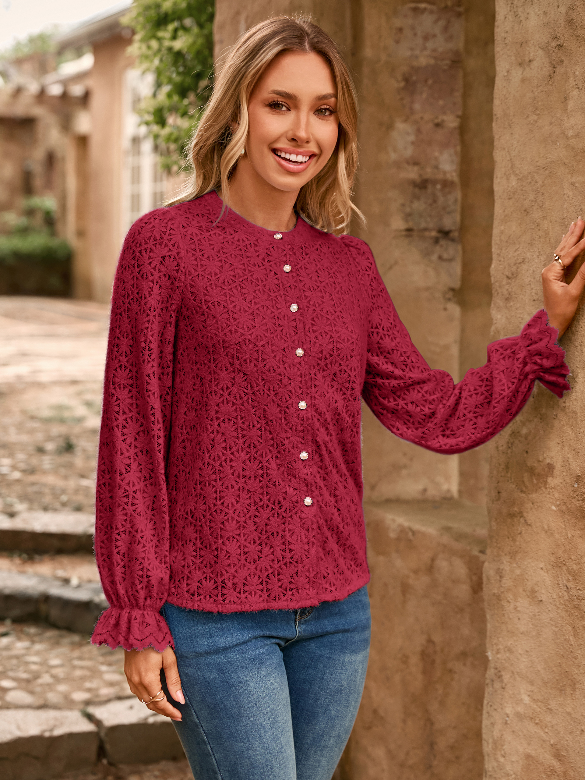 Lace Hollow Out Button Down Dressy Blouses